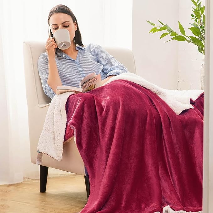 Bedsure Sherpa Fleece Blankets Queen Size for Bed - Thick and Warm, Soft Fuzzy Plush Queen Blanket for Winter, Red, 90x90 Inches