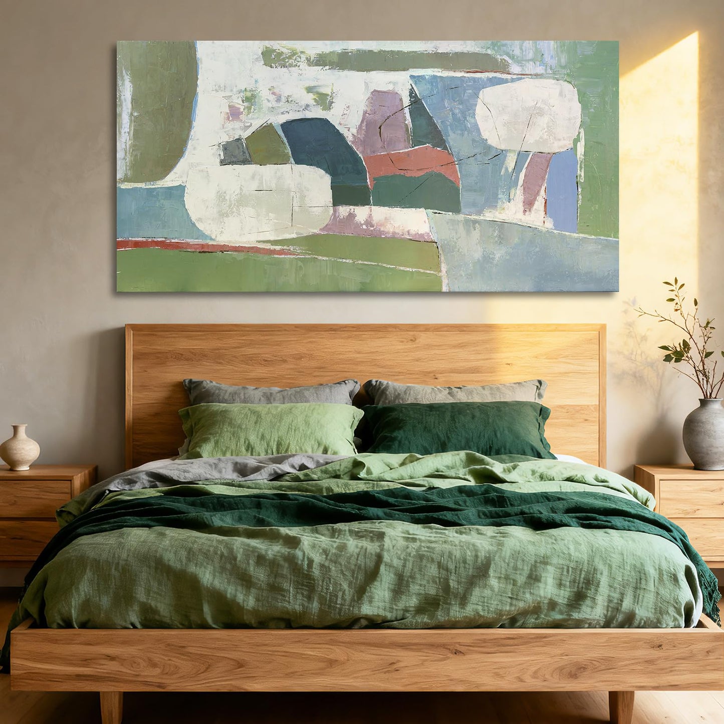 YETHEN WAL Sage Green Abstract Wall Art – 20×40 Minimalist Canvas Print, Soft Olive & Mist Blue Artwork for Living Room, Bedroom or Entryway Decor