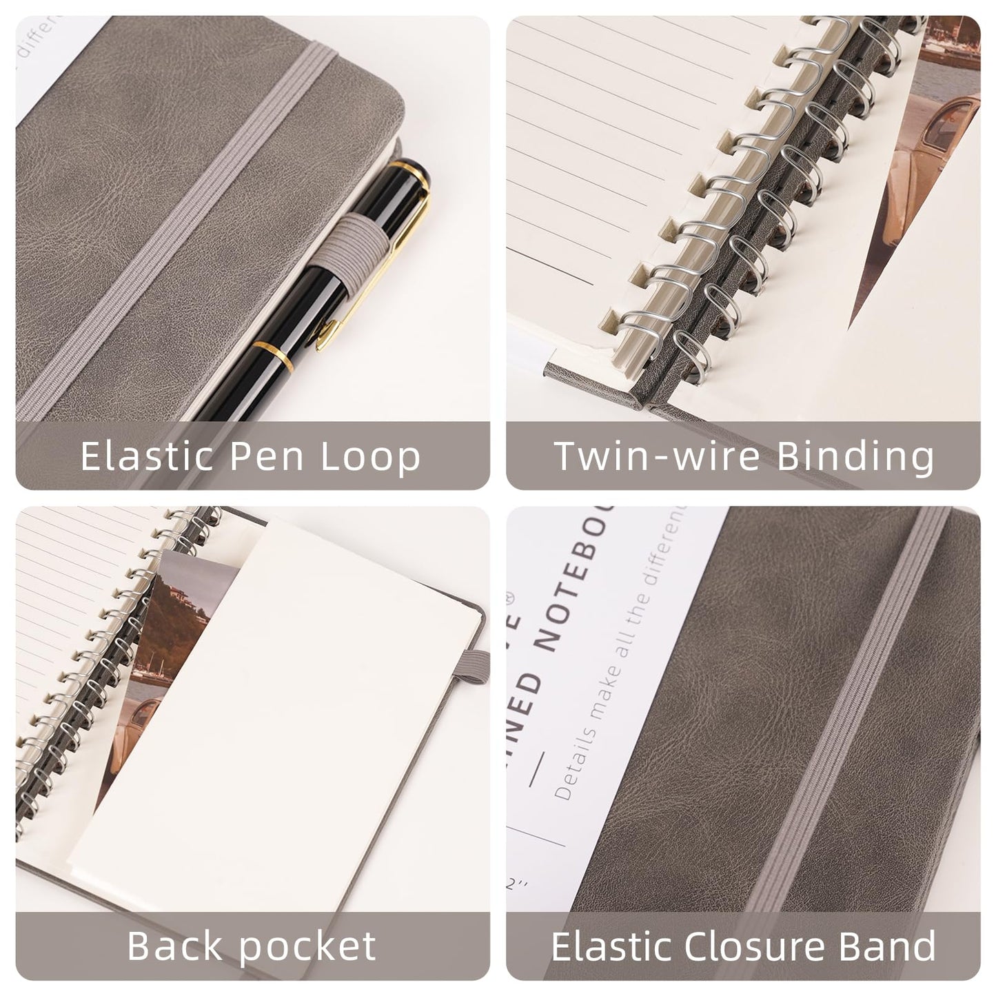 OnMove Spiral Notebooks Journal for Women Men 12 Pack Bulk Leather Hardcover with Pen Holder A5 160 Pages 100 GSM Thick Paper for Work School Lined Gray
