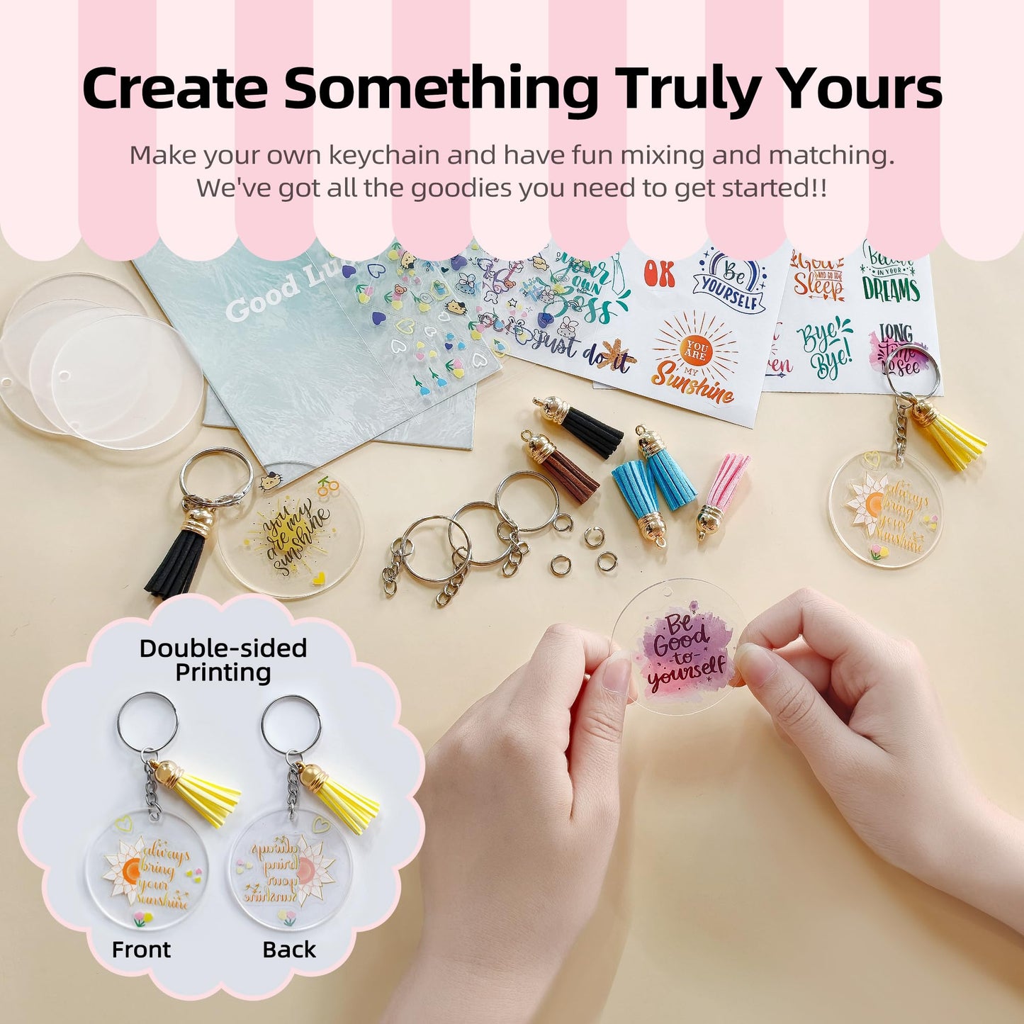 Acrylic Keychain Blank Set,128 Pcs Key Chain DIY Kit with Clear Circle Blank,Keychain Ring,Display Card,Packing Bag,Jump Ring,Tassel,Vinyl Encourage Phrase Sticker for Craft Employee Appreciation Gift