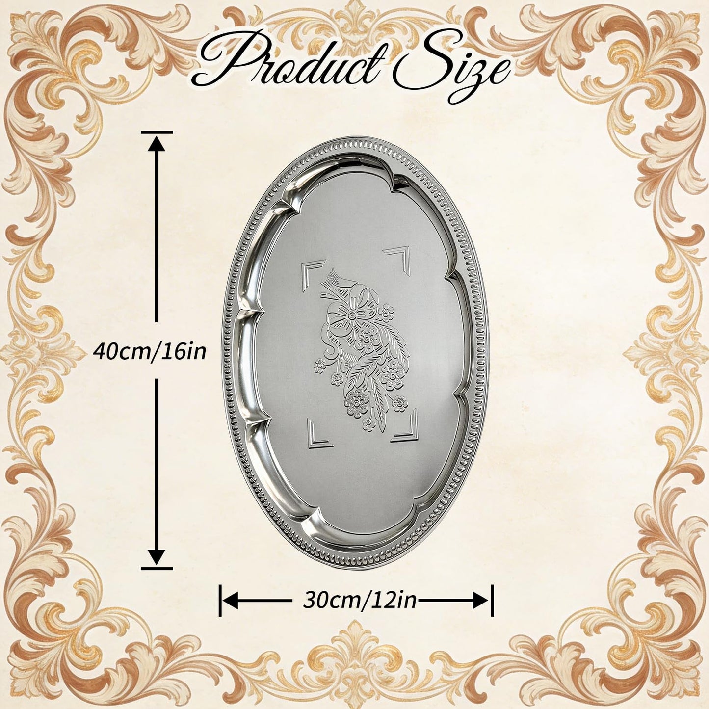SINMANVI 4 Pack Large Silver Serving Trays Set 15.7" x 11.8", Floral Pattern Engraved Mirror Tray, Tableware Platters for Whiskey, Cookies,Snacks, Desserts, Party Food Display (Large)