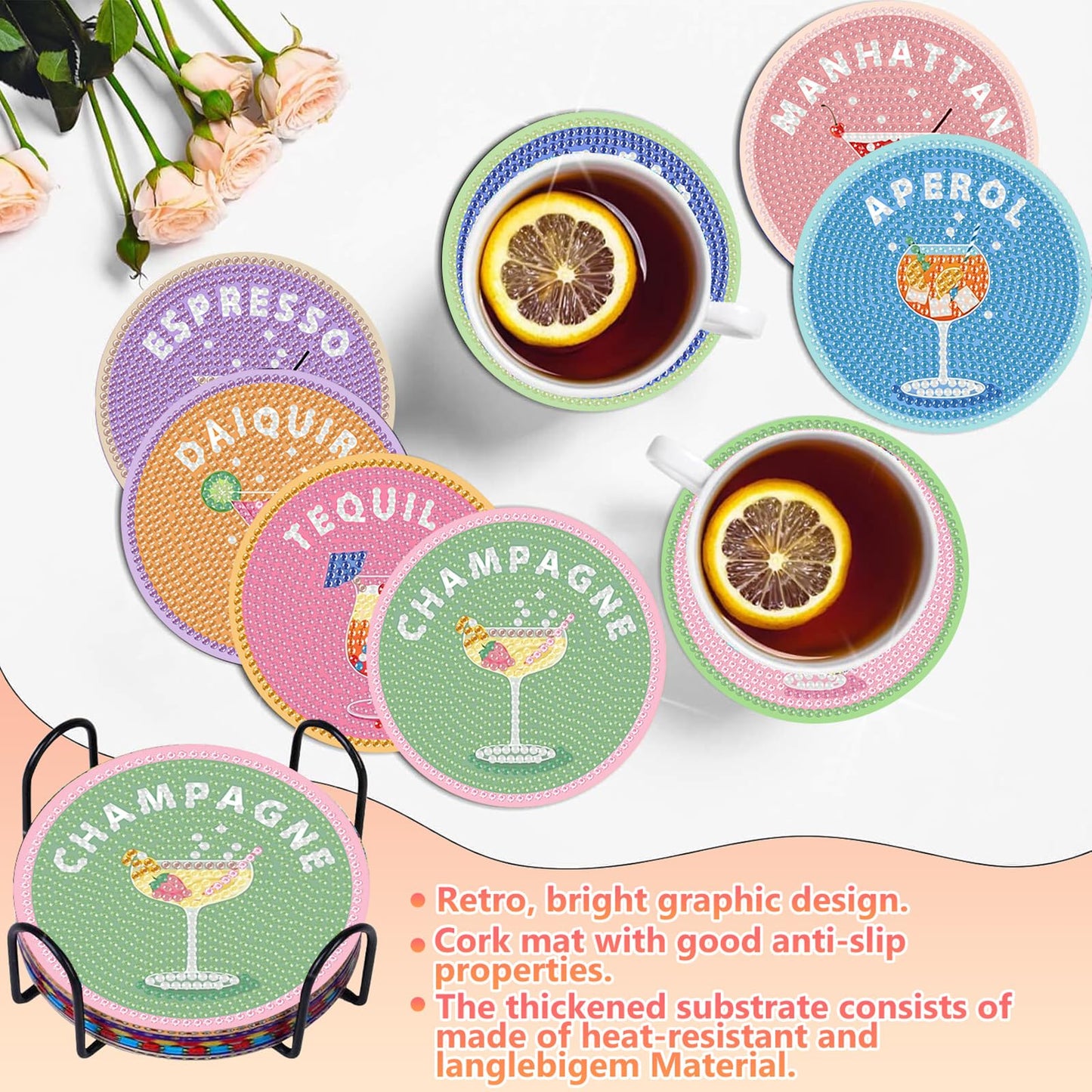 8 Pcs Cocktail Diamond Art Coasters Kit for Adults, Cocktail Diamond Painting Coasters with Holder, 5D Gem Art DIY Crafts Diamond Dots for Gift Life