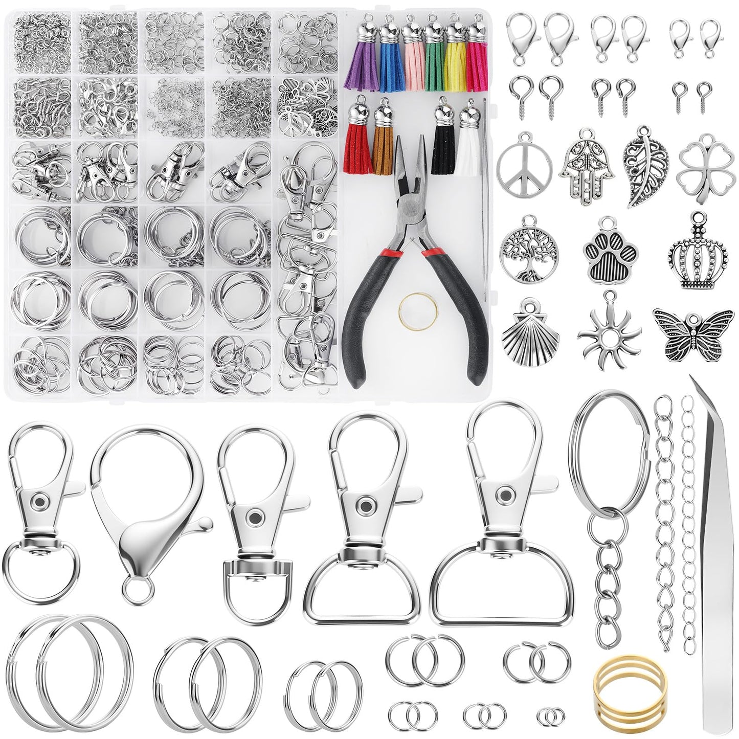 Funtopia 740PCS Keychain Making Kit, Key Chain Supplies Including Keychain Clip, Key Rings, Lobster Claw Clasps, Jump Rings, Pliers, Tassels for Key Chain Making, Purse Making, Lanyard Making