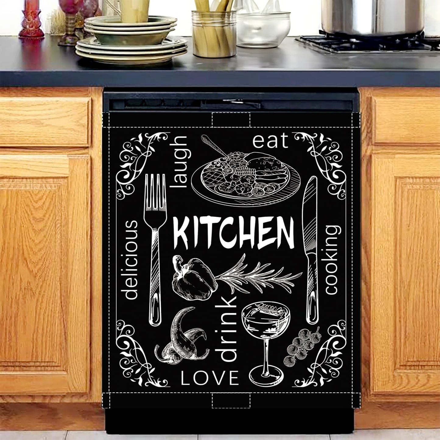 Black Dishwasher Magnet Cover, 23x26 in Summer Decor Dishwasher Magnet Covers Kitchen Decoration Dish Washer Magnets Sticker Funny Fridge Magnets Panel Decal Magnetic Covers