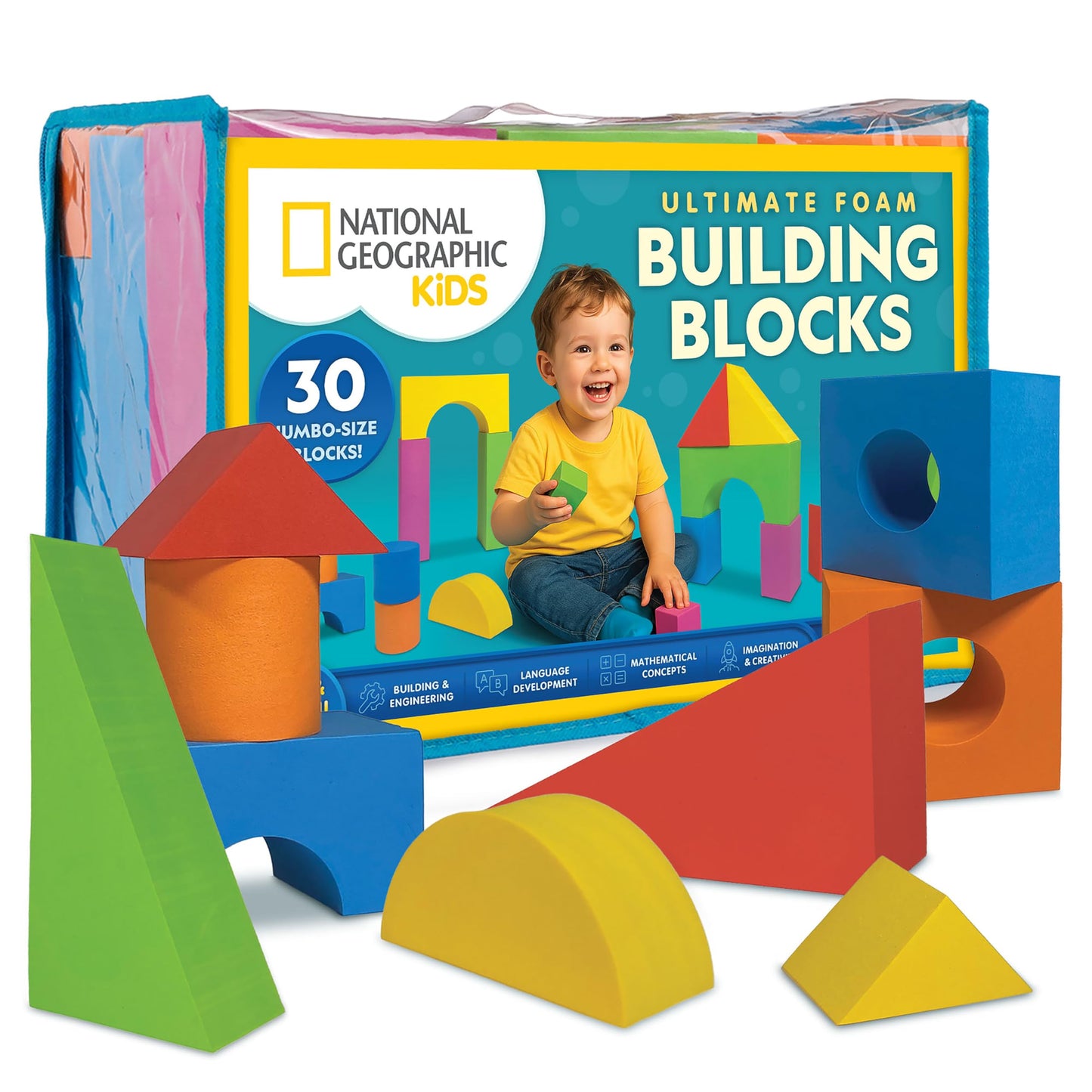 National Geographic Kids Jumbo Foam Blocks – 30-Piece Foam Building Blocks for Toddlers & Preschoolers, Soft Stackable Blocks with Storage Bag, Early Learning & Sensory Building Toy