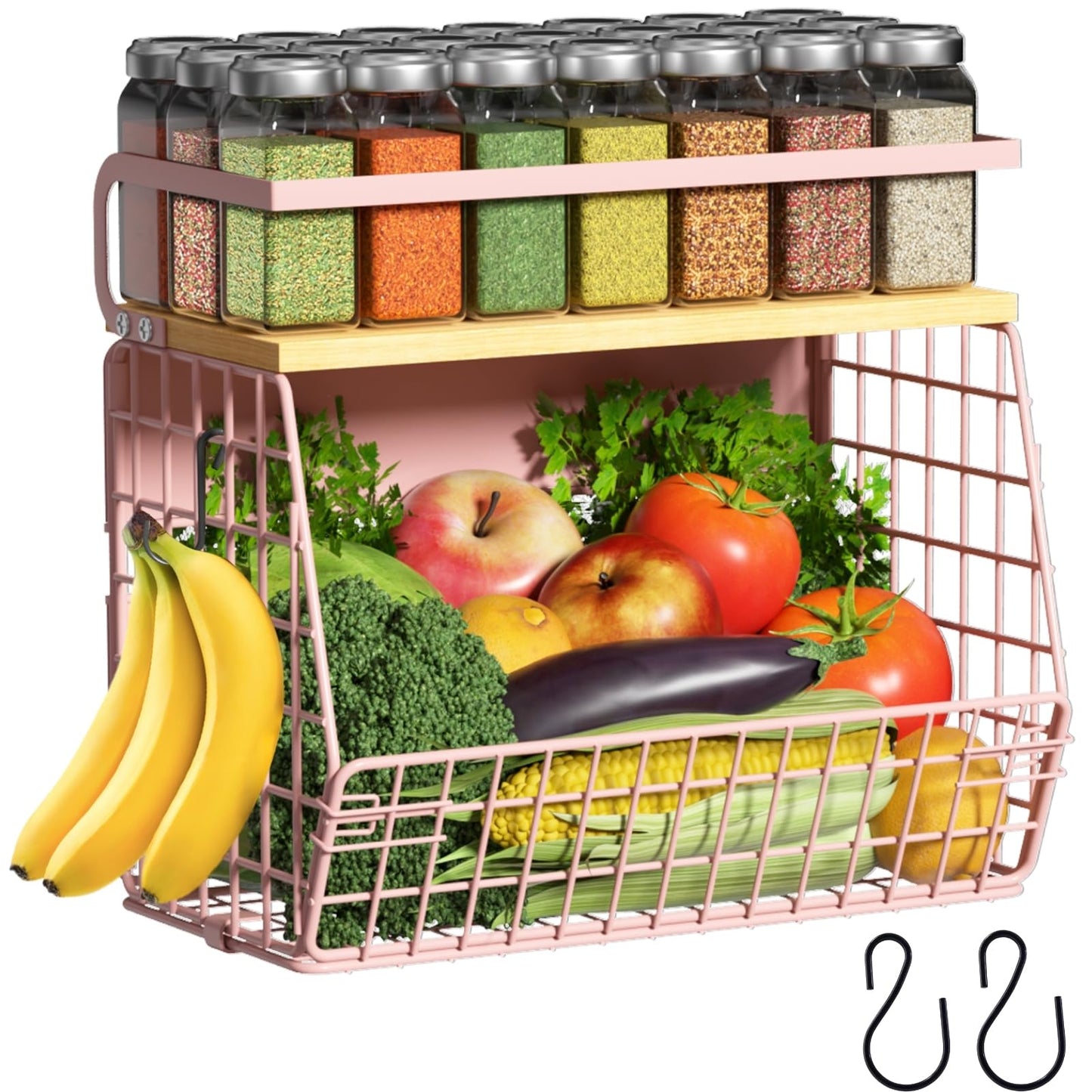 Magnetic Shelf for Fridge with Wood Lid, Fruit Potato and Onion Storage Bins, Pantry Organizers & Storage, Large Container Magnetic Spice Rack for Refrigerator, Kitchen Counter, Cabinet (Pink, 1)