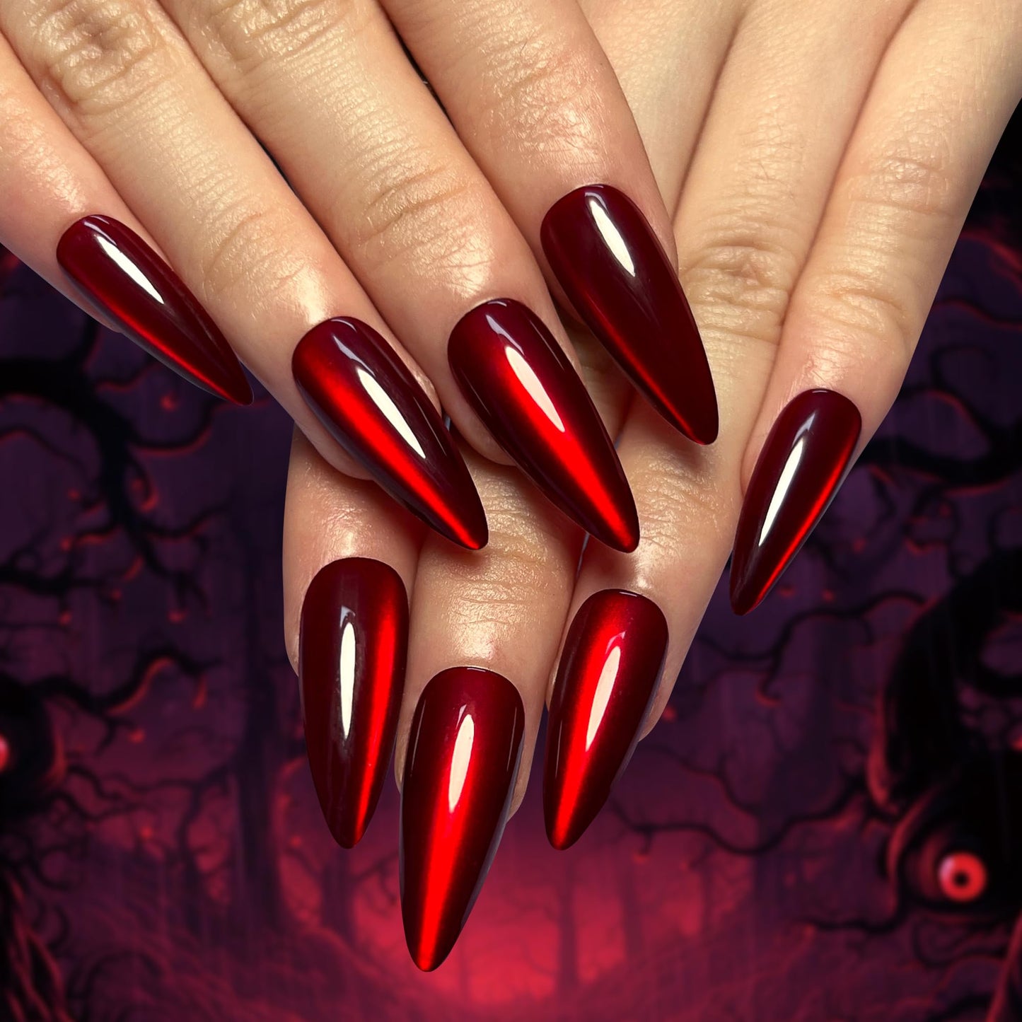 XZMeiLun Halloween Red Cat Eye Press On Nails Medium Long Almond, Stiletto Acrylic Press On Nails, Ghost Claw Designer Reusable Fake Nails, Nail Hallows' Day, Glue On Nail Press Ons for Women