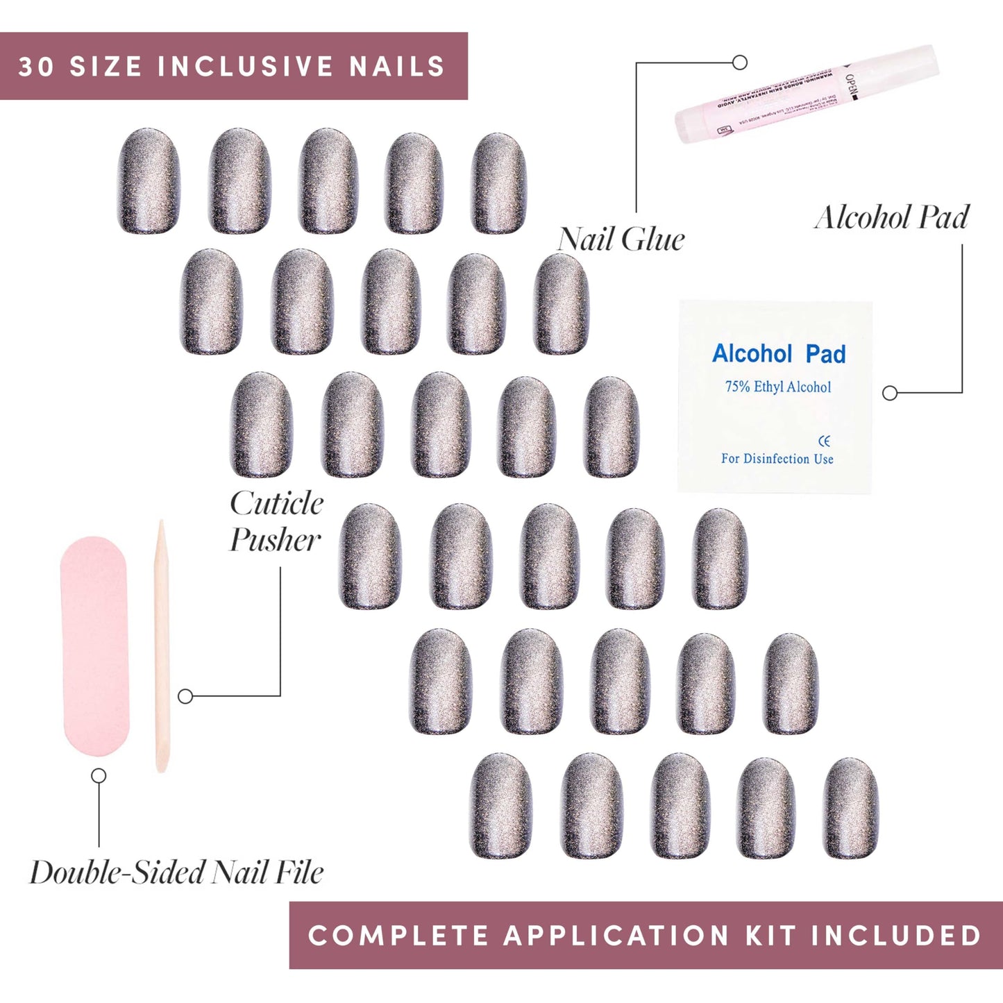 Glamnetic Press On Nails - Galactic | Short Round Gunmetal Pewter Glittered Fake Nails with a Glaze Finish | 12 Sizes - 30 Nail Kit with Glue