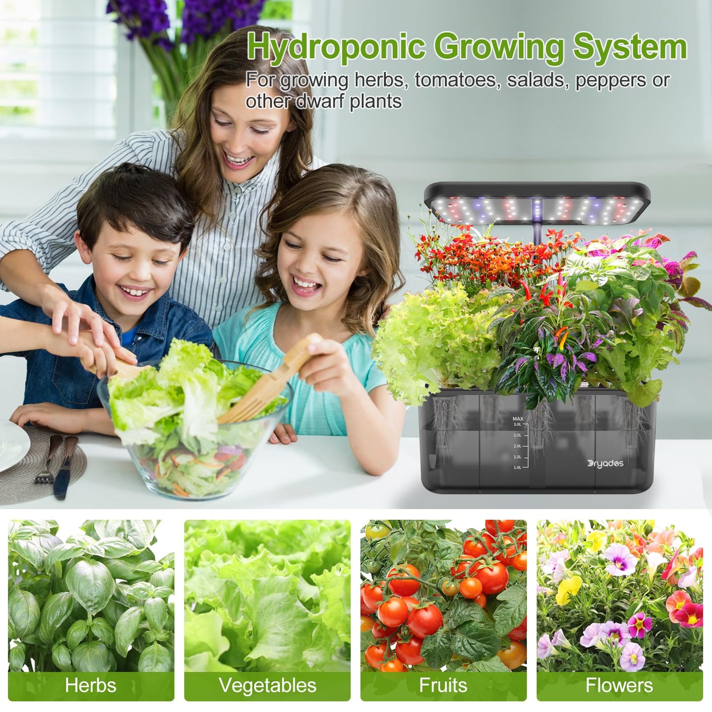 DRYADES 8-Pod Hydroponics Growing System Translucent Indoor Herb Garden with LED Grow Light Smart Quiet Pump Plant Germination Kit for Hydroponic Herbs, Vegetables, Lettuce Harvest on Countertop
