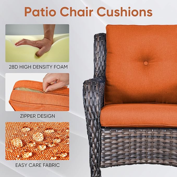 7-Piece Outdoor Patio Cushion Set - Fade & Water Resistant with Removable Olefin Cover, 22x24x4 Inch Memory Foam Cushions for Wicker Sectional Sof - Orange/Buckle