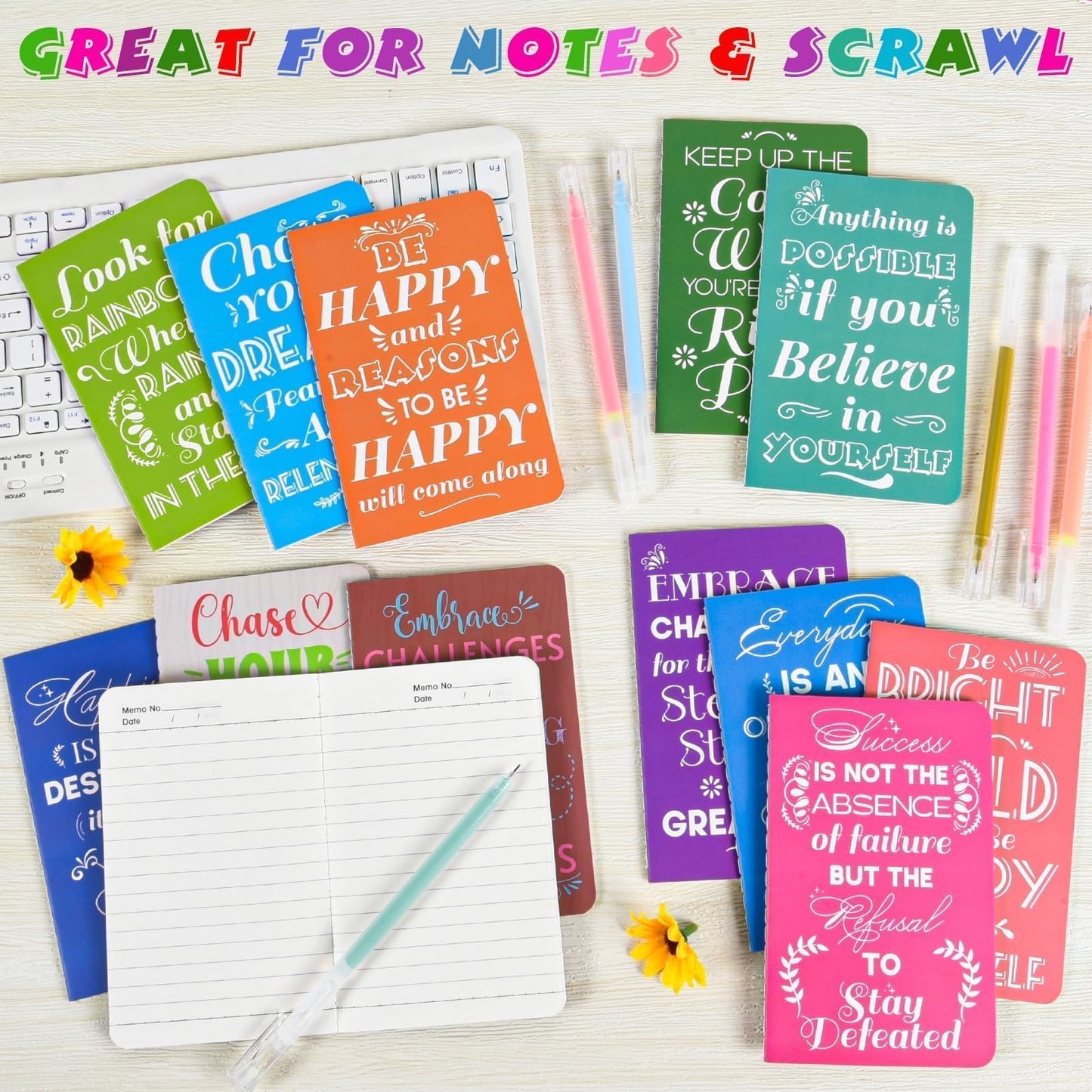 24 Pcs Mini Inspirational Notebooks Bulk with 24 Pcs Colorful Pens, Small Pocket Journal Notepads Set, Motivational Bulk Gifts for Women Men Teacher Student, Fun Mother's Day Gift Bulks, 3.5" x 5.5"