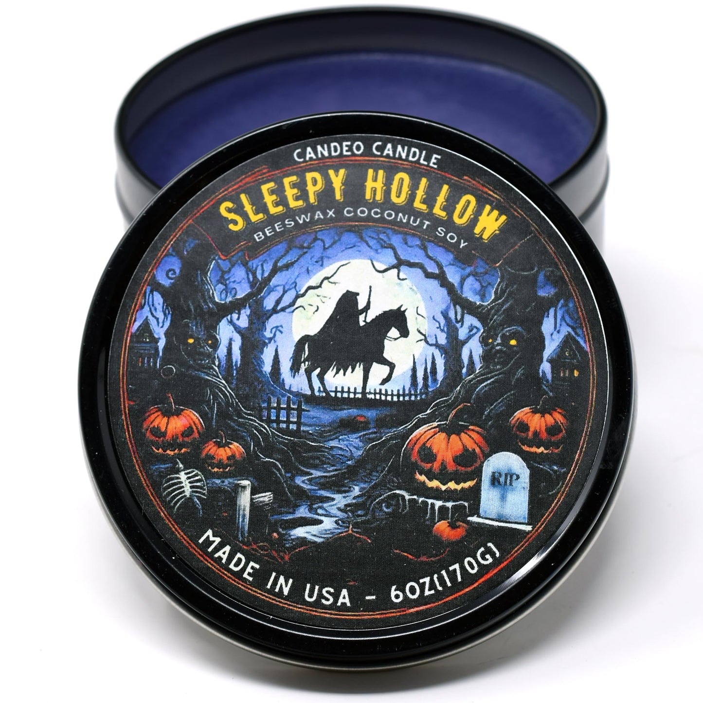 Sleepy Hollow - Halloween Candles - Container Candle, 6 oz - Made with Beeswax, Coconut and Soy - Black Tin Candle - Handmade in The USA - Candeo Candle