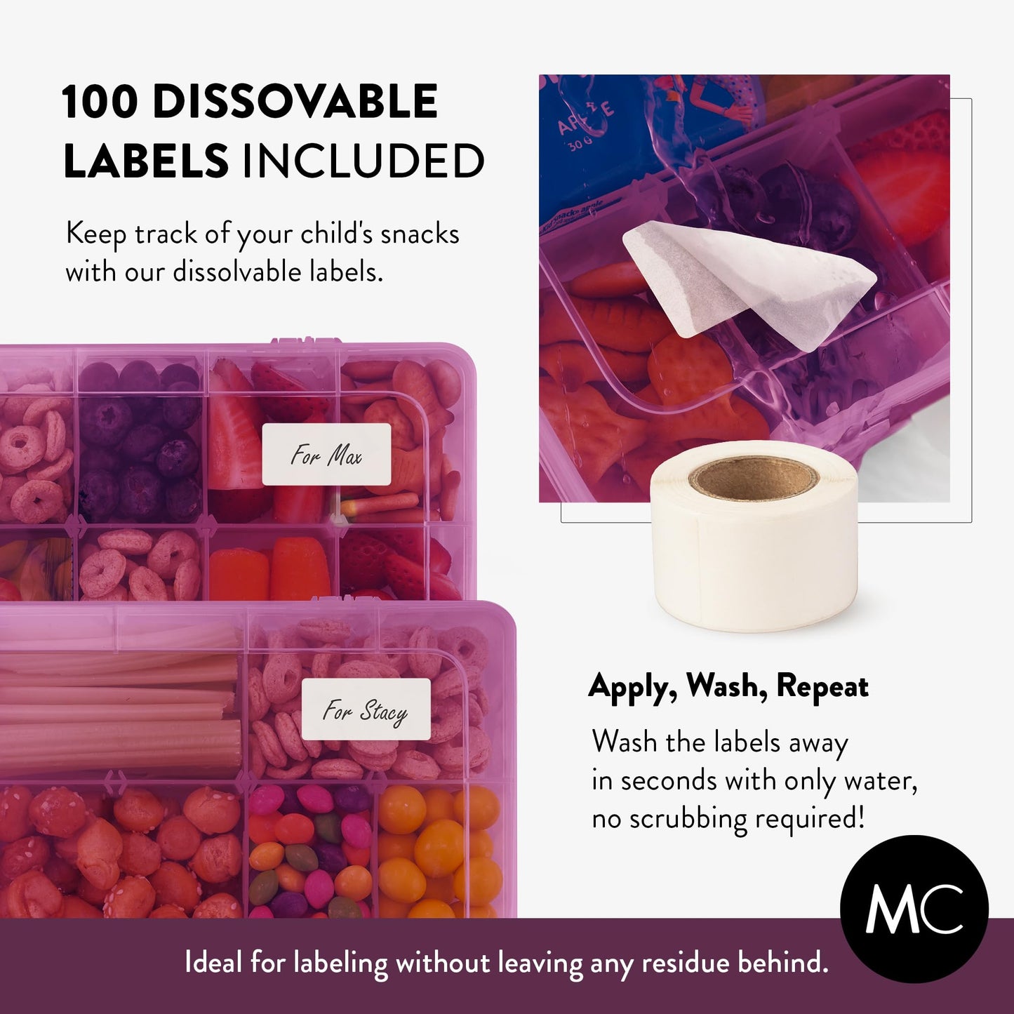 Large Kids Snack Box Containers Set of 2 -100 Labels, BPA-Free, Adjustable Compartments, Dishwasher Safe, Reusable Tray, Food Grade, Meal Prep Container, PARENT TESTED PARENT APPROVED AWARD (Purple)