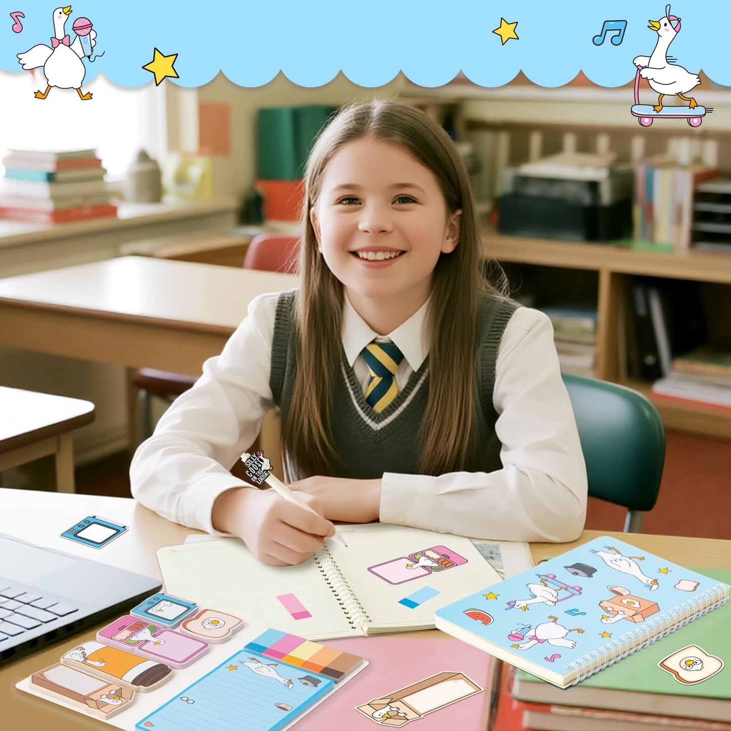 B1ykin Teacher Appreciate Stationery Gift Set - 3Pcs Got Too Silly Goose A5 Spiral Notebook & 550 Sheets Sticky Notes with Pen, Back to School Gift with Box for School Students Office (Funny Goose)