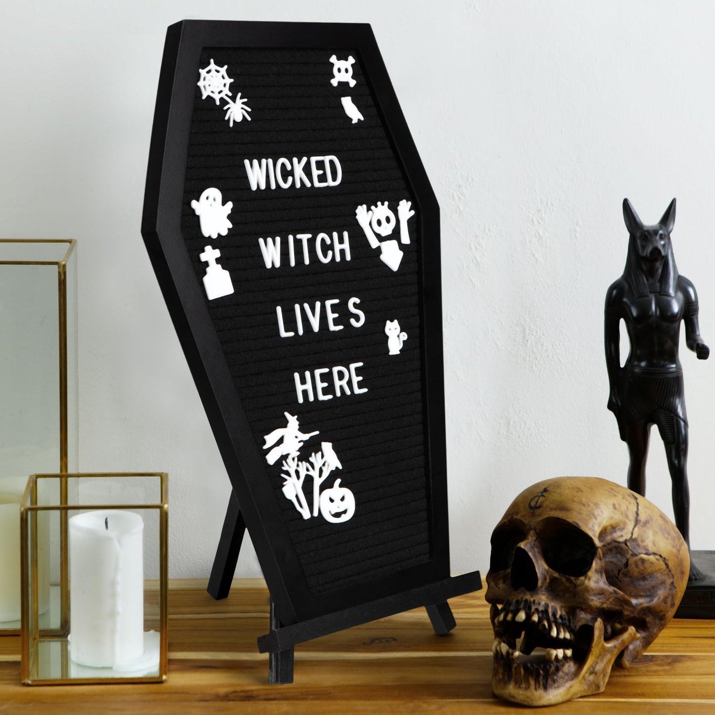 3 in 1 Coffin Letter Board with Precut, Presorted 500 Letters & Emojis + Mini Coffin Board, Gothic Halloween Decor - Spooky 17x10.5 inches Felt Letter Board - Manny's Mysterious Oddities