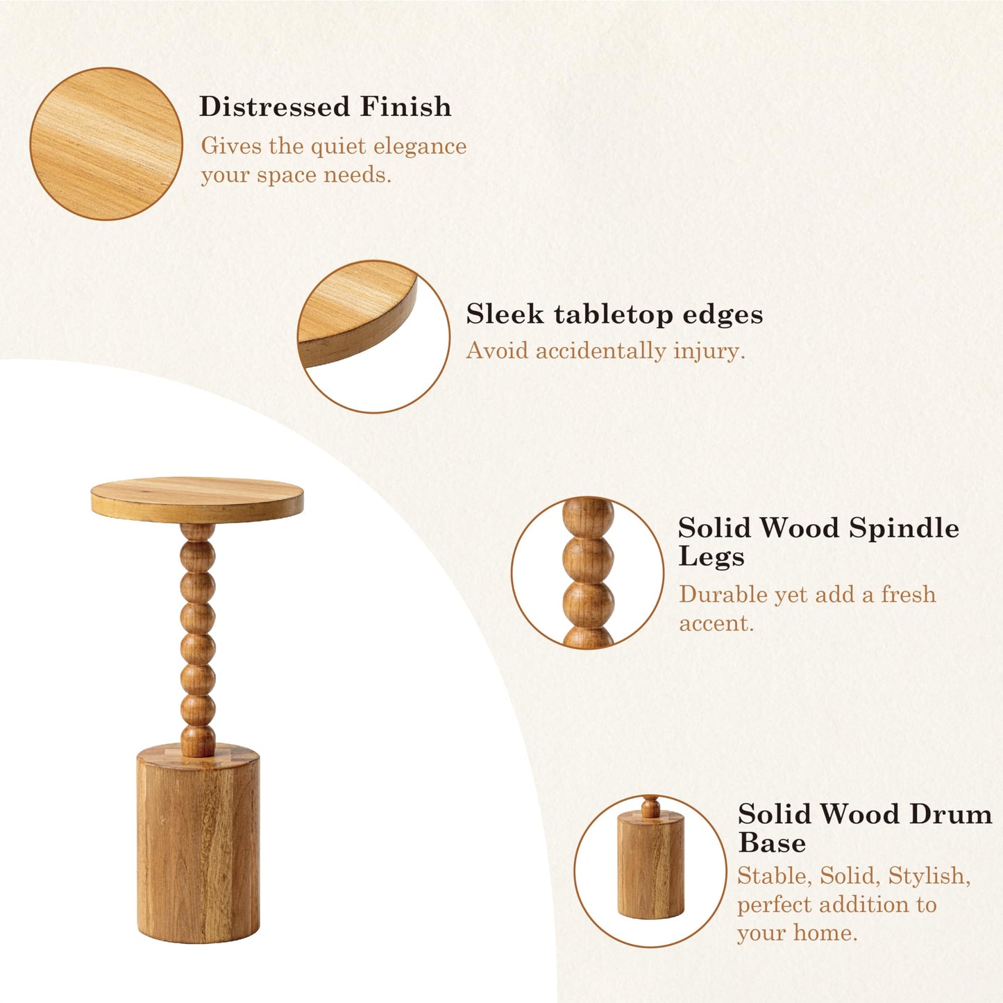 COZAYH Natural Wood End Table with Round Top and Decorative Beaded Pedestal, Farmhouse Accent Side Table Drink Table for Living Room or Small Spaces