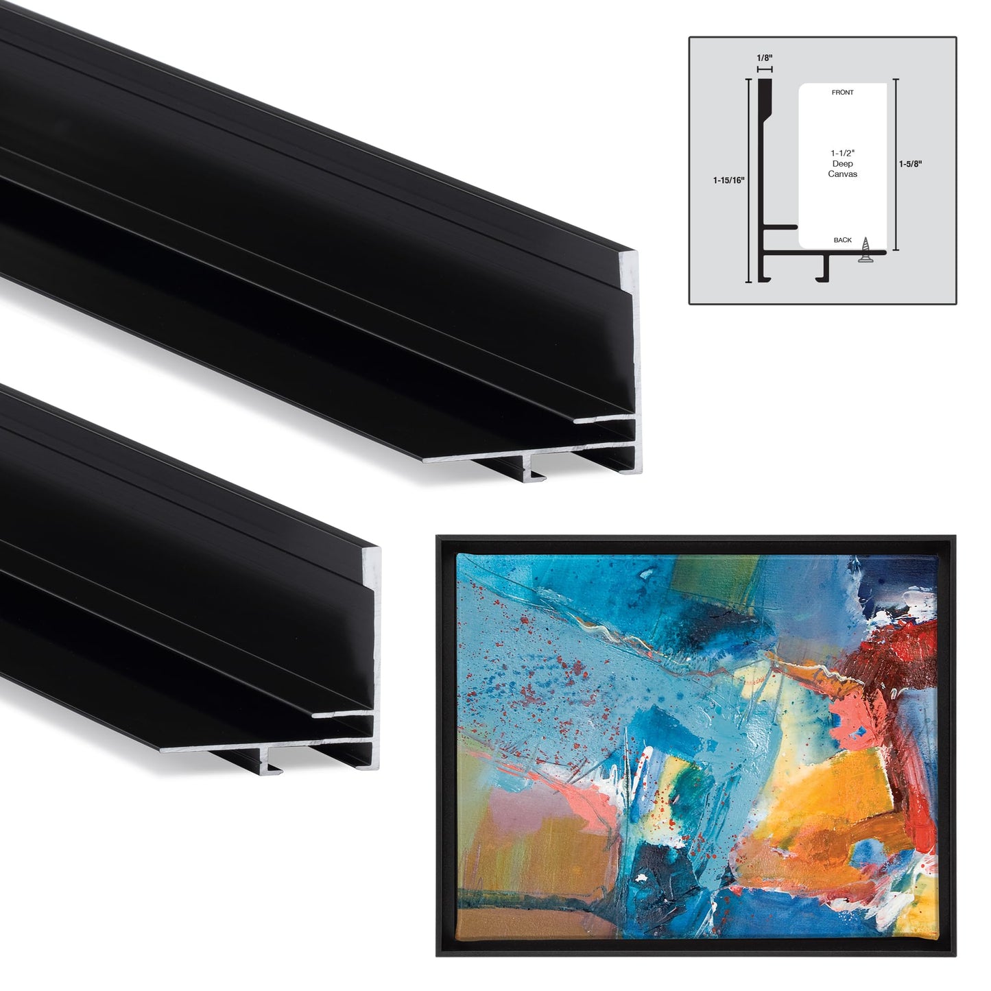 Creative Mark Illusions Metal Floating Frame Kit Pairs for Canvas - Black, Two 12" Sides - Metal Frame Kit for 1-5/8 inch Deep Canvases - For Gallery Wall, Art Panels, Modern Décor