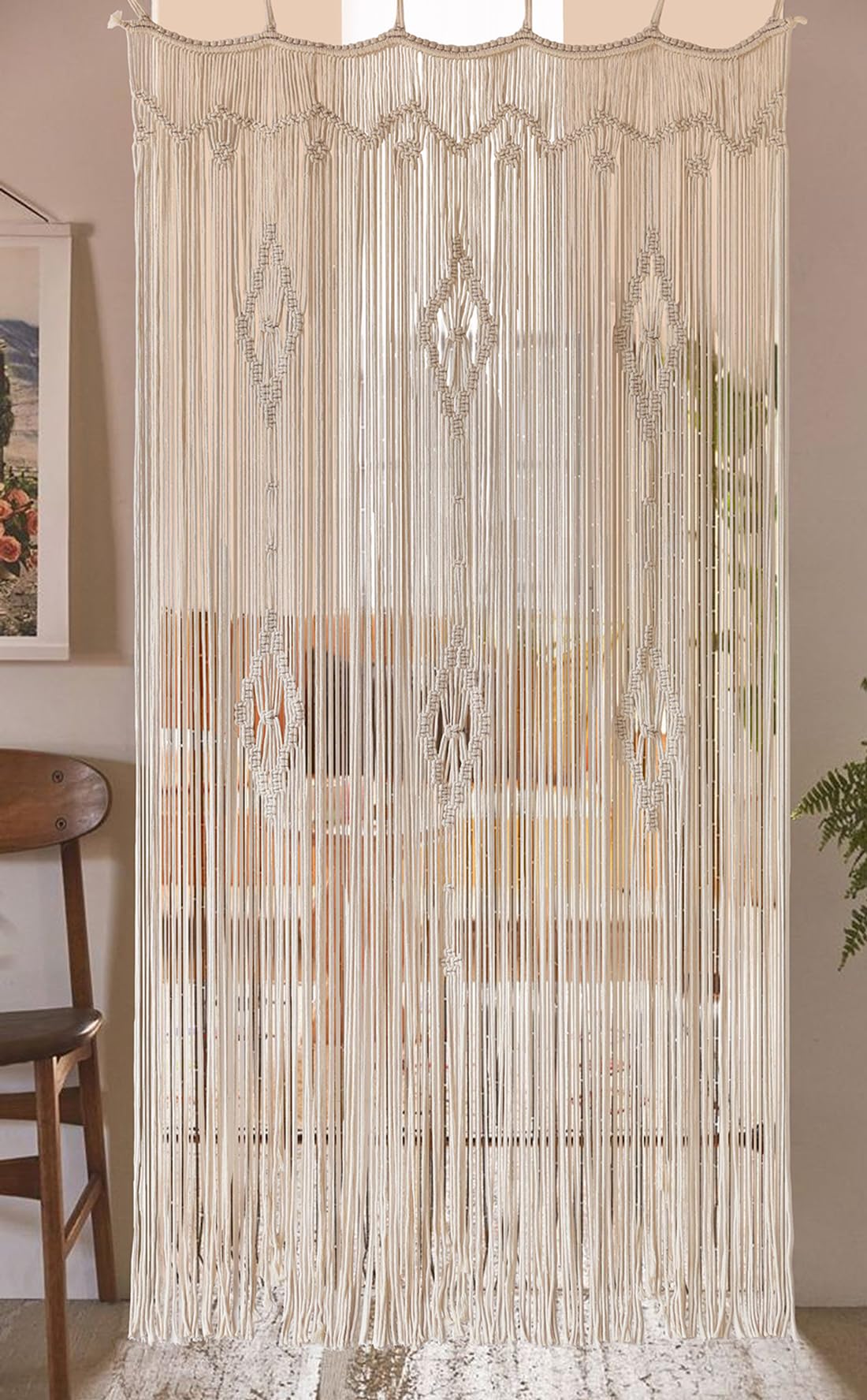 IOWER Macrame Curtain Long Cotton Window Panel Boho Curtains for Bedroom Wedding Backdrop Room Divider Doorway Closet Apartment 35''W x 70''L