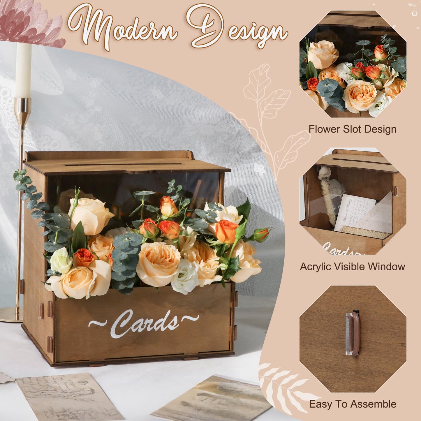 OurWarm Wooden Wedding Card Box with Flower Trough, Brown Gift Card Box for Wedding with Acrylic Board, Wedding Card Boxes for Reception Rustic Wedding Decor for Graduation Baby Showers Birthday Party