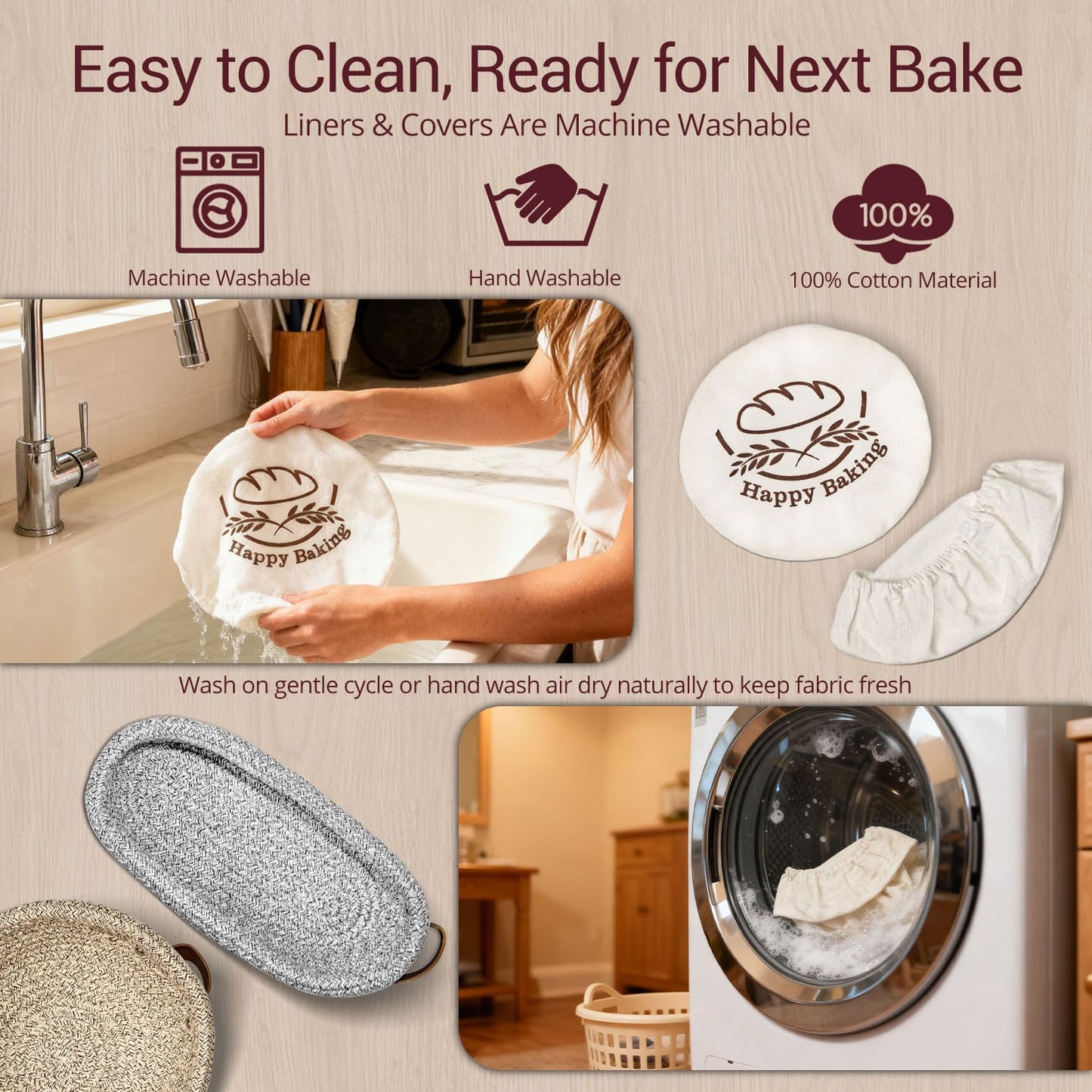 Sourdough Proofing Basket - Banneton Bread Proofing Basket, 9" Round & 10" Oval Cotton Rope Banneton Basket Set with Liners & Covers for Bread Baking