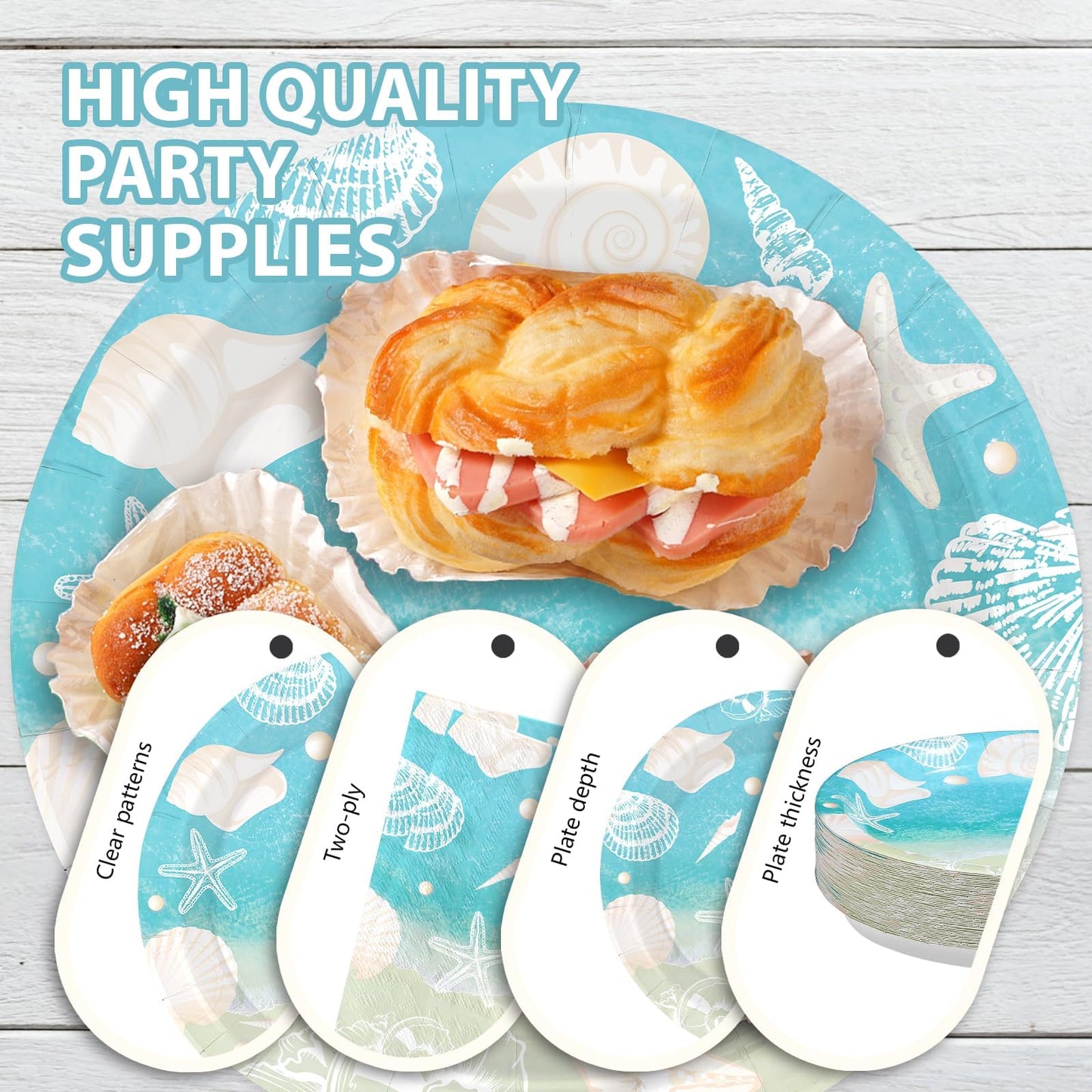 Greencian 200Pcs Seashell Beach Party Decorations Beach Seashell Starfish Plates and Napkins Disposable Ocean Themed Party Tableware Sets for Birthday Baby Shower Wedding Supplies Serves 50