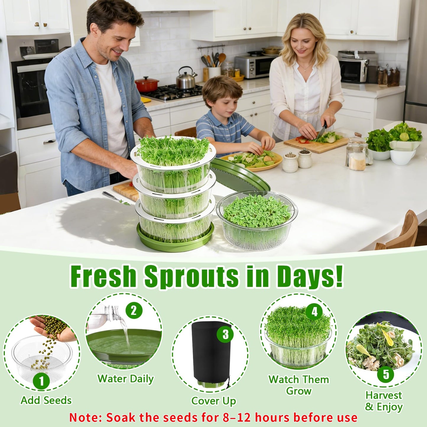 4-Tier Sprouts Growing Kit with Drain Hose & Ventilation Holes, Stackable Microgreens Growing Sprouting Trays Including Blackout Cover, Soil-Free Sprouter for Planting Broccoli Alfalfa Bean Seeds