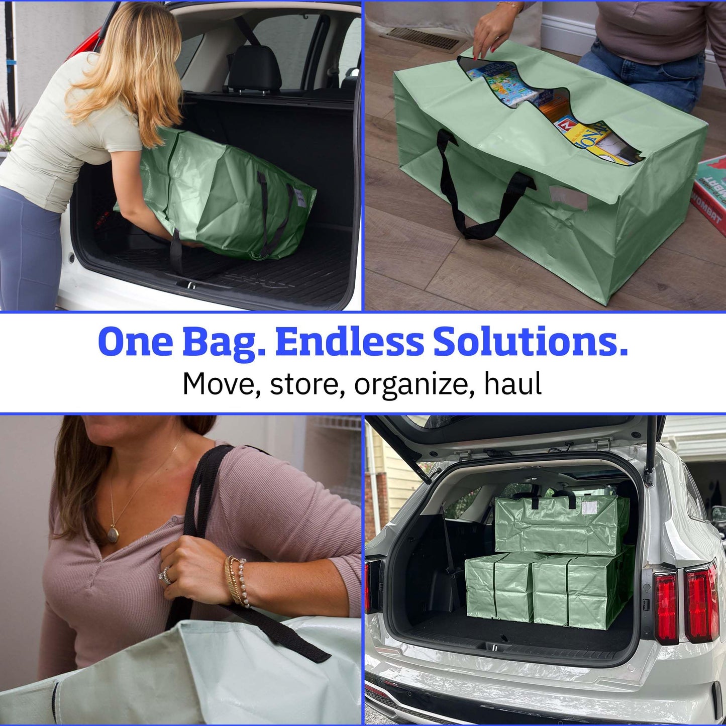 DURASACK Heavy Duty Moving Bag Storage Container Duffle Bag with Zipper, Reinforced Carry Straps and Backpack Straps, Made of Rugged Woven Polypropylene, Pack of 4, Sage