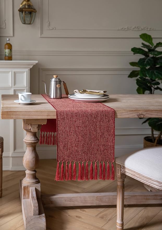 ZeeMart Red Table Runners 72 Inches Long, Burlap Linen Style Rustic Farmhouse Table Runner, Boho Woven Dining Table Runner, 13x72 Inches, Red