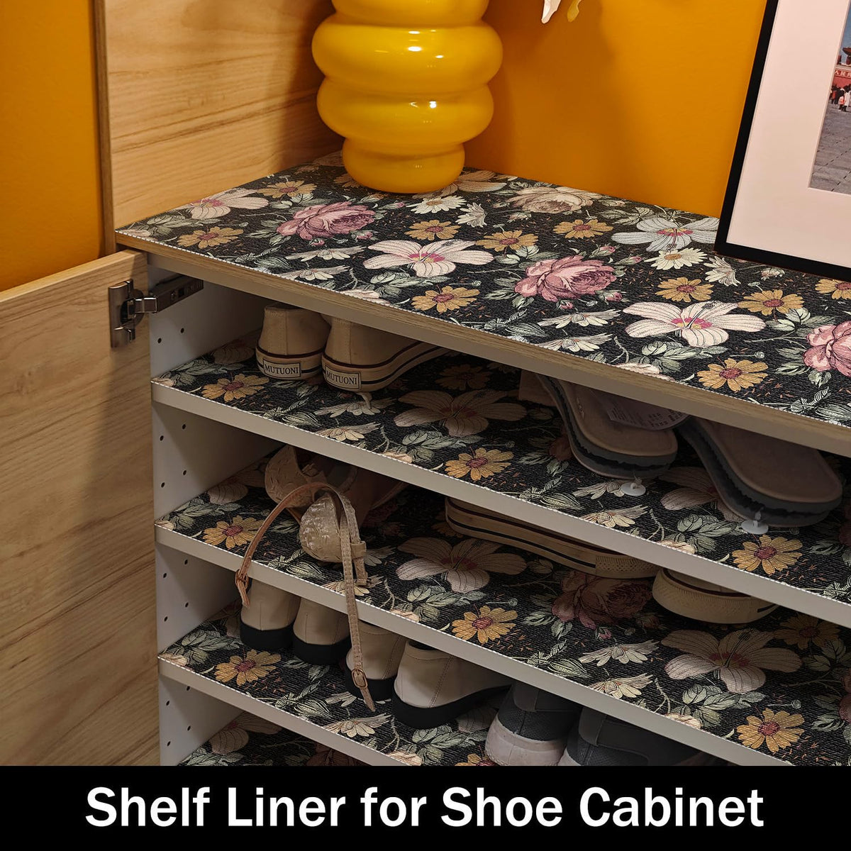 Black Retro Floral Shelf Drawer Liner for Kitchen Non (9.67 Sq Ft)