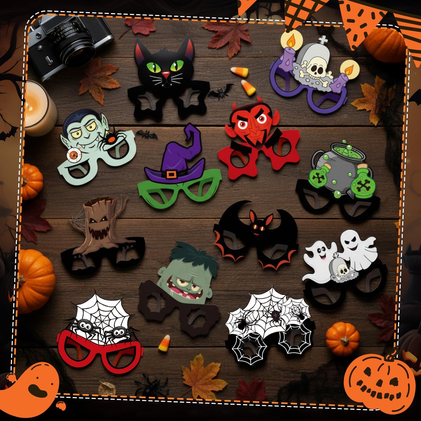 Liliful 48 Pcs Halloween Funny Glasses, Paper Novelty Party Ghost Eyeglasses Bat Pumpkin Spider Sunglasses for Halloween(Classic)