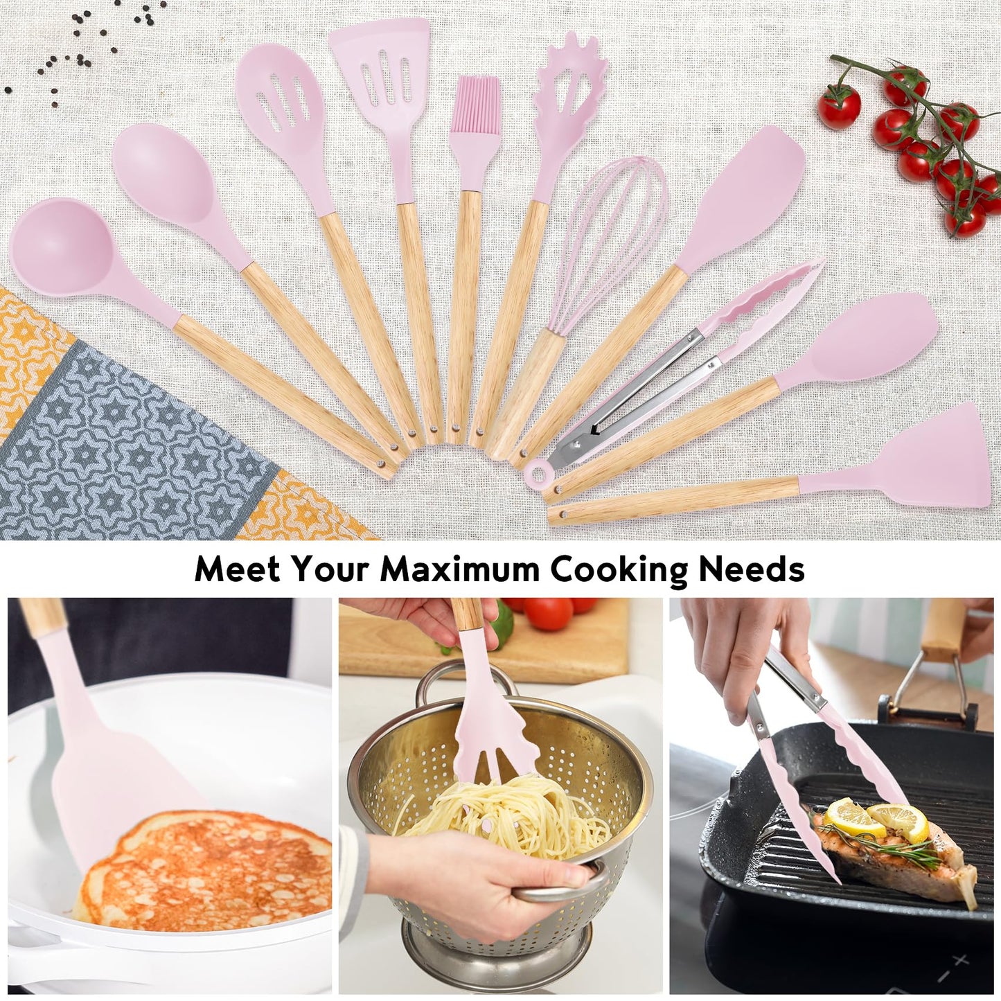 CADABY 19 PCS Kitchen Cooking Utensils Set, 11 Pieces Silicone Cooking Utensils Set 6 Pieces Sharp Stainless Steel Pink Knife Set with 1 Piece Cutting Board, Ideal for Apartment