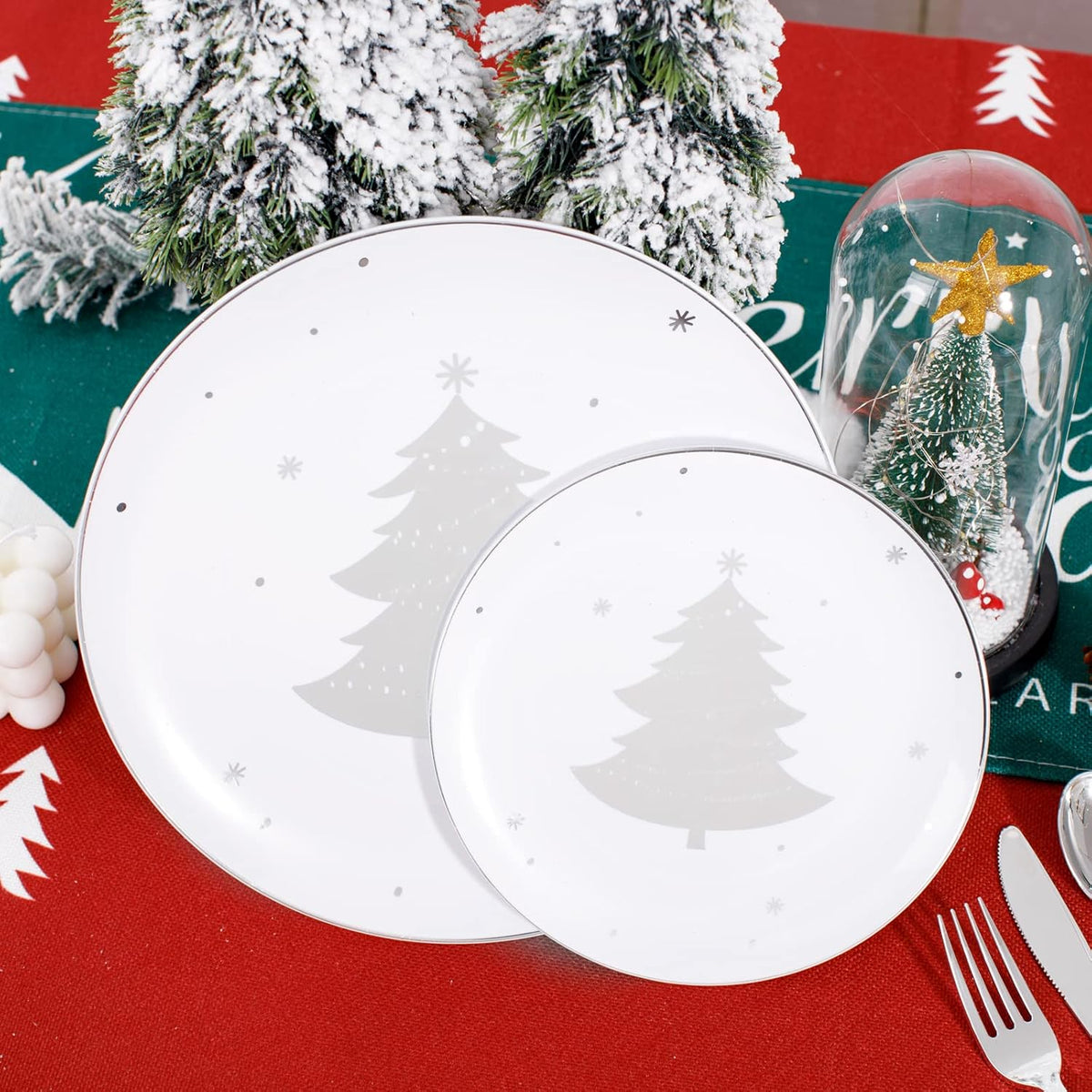 WDF 50 Pieces Silver Plastic Plates - Christmas Plastic Plates with Christmas Tree - Heavy Duty White and Silver Disposable Plates for Christmas