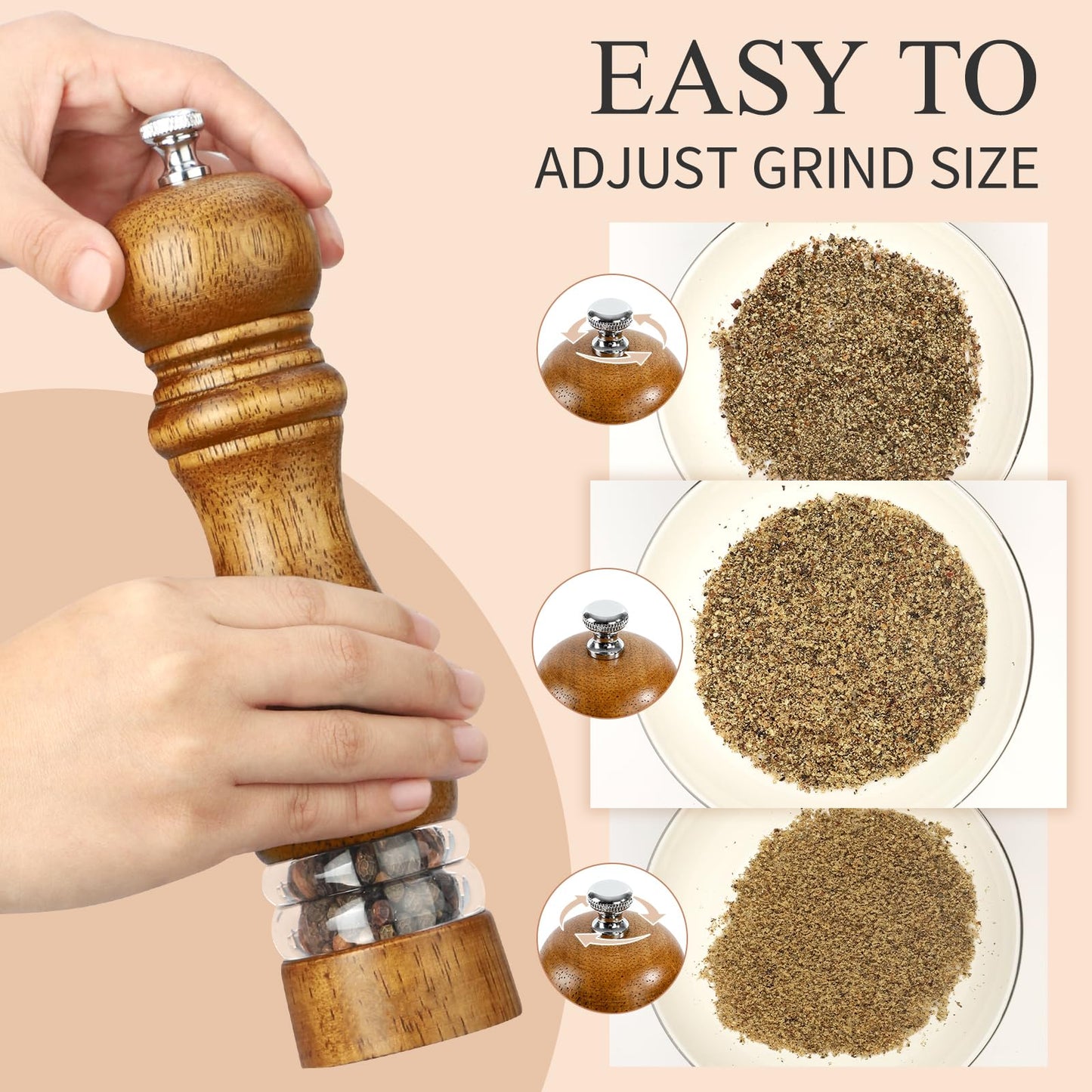 VONTIQUE 8inch salt and pepper grinder set manual salt pepper shakers wooden pepper mill refillable With adjustable ceramic grinding core Acrylic visualization window design 2-pieces