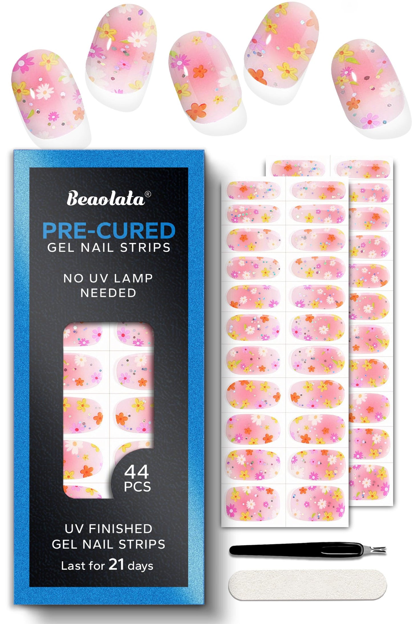 Beaolata Real Gel Nail Strips (No UV Light Needed) - 44Pcs Salon Quality Nail Stickers - Long Lasting Polish Wraps for Women, Easy Apply & Remove (Strawberry Pink)