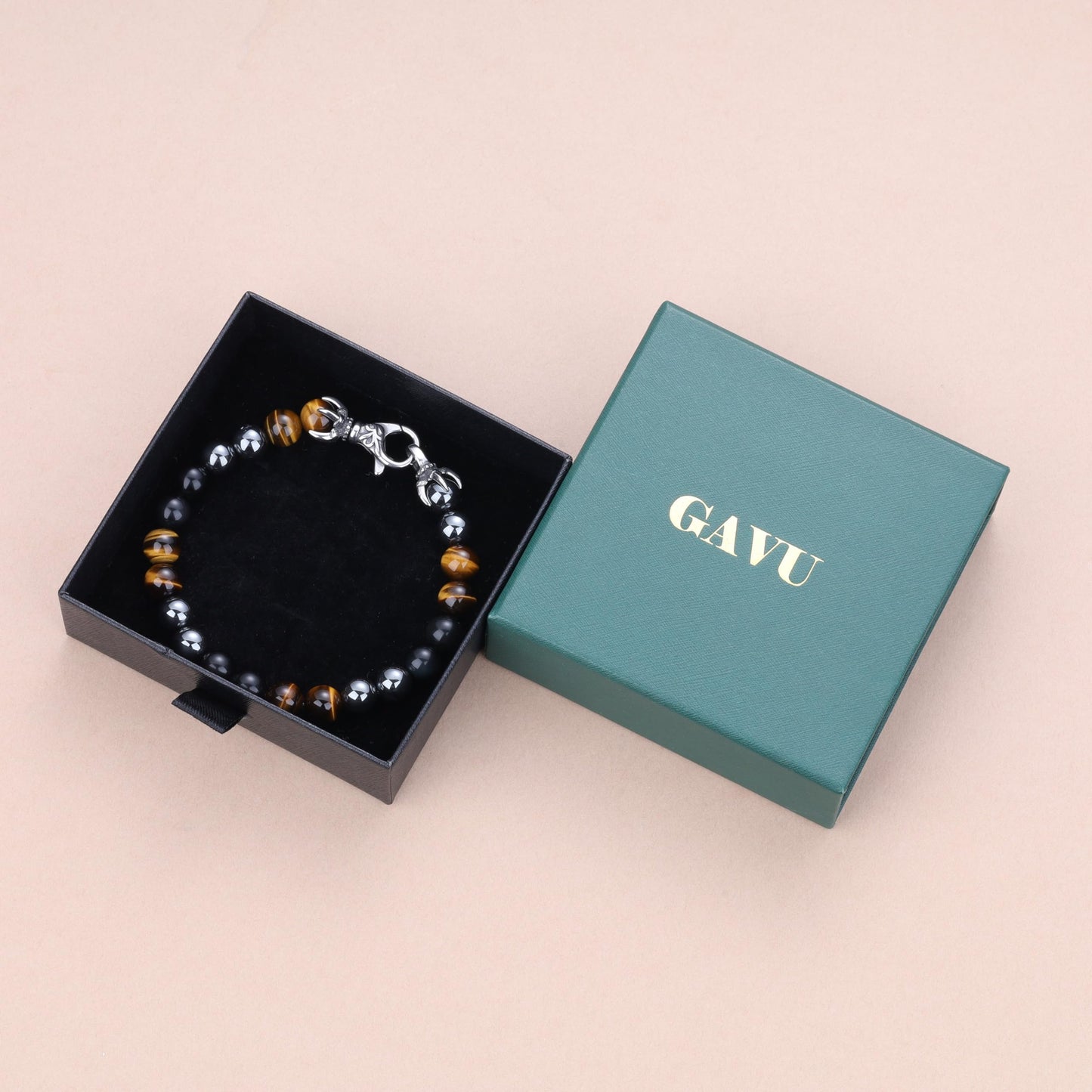 GAVU Triple Protection Bracelet, 8mm Hematite Tiger Eye Obsidian Crystal Bracelet for Men 8.9"