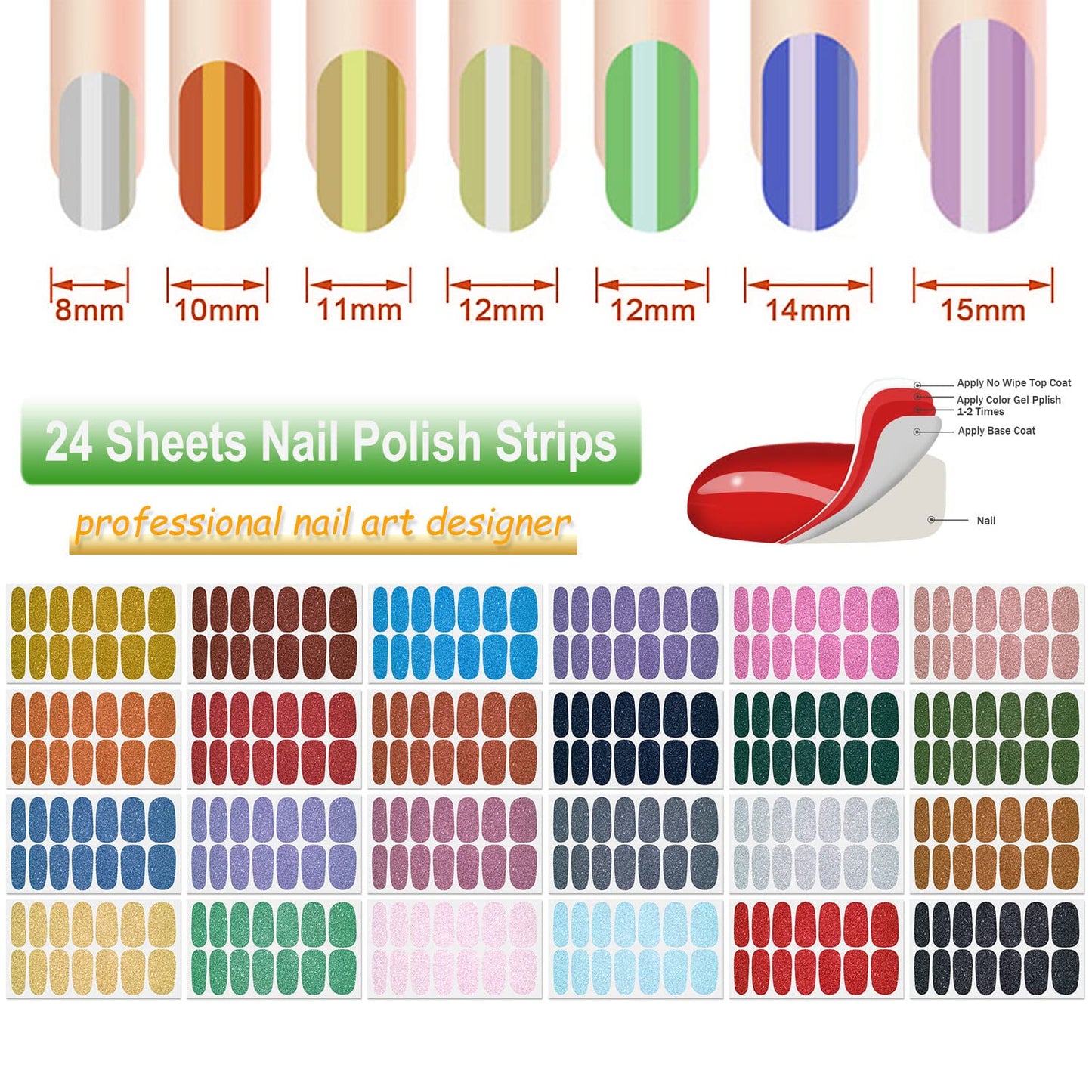 DANNEASY 24 Sheets Glitter Nail Polish Stickers Full Nail Wraps for Women Self Adhesive Nail Polish Strips Gel Nail Strips Stick on Nails Manicure Kit with Nail File, Cuticle Stick