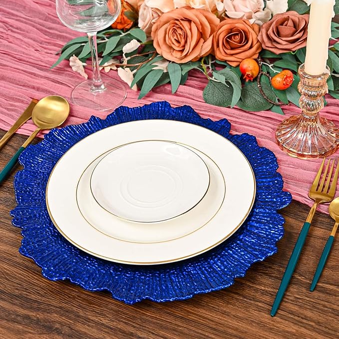 Pesonlook 24Pcs Royal Blue Charger Plates Round 13inch, Reef Plate Chargers for Dinner, Bulk Plastic Floral Table Charger Plates for Dinner Wedding Party Event Table Setting Decoration(Royal Blue)