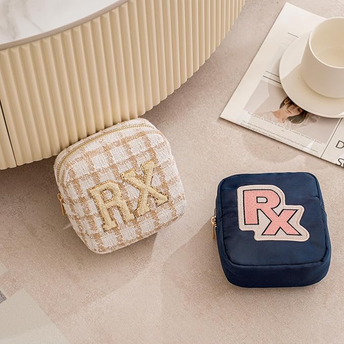 Small Medicine Bag for Travel, Personalized RX Chenille Letters Checkered Pouch for Women and Girls, Cute Meds Drug Makeup Bags with Zipper (01Beige Checkered)