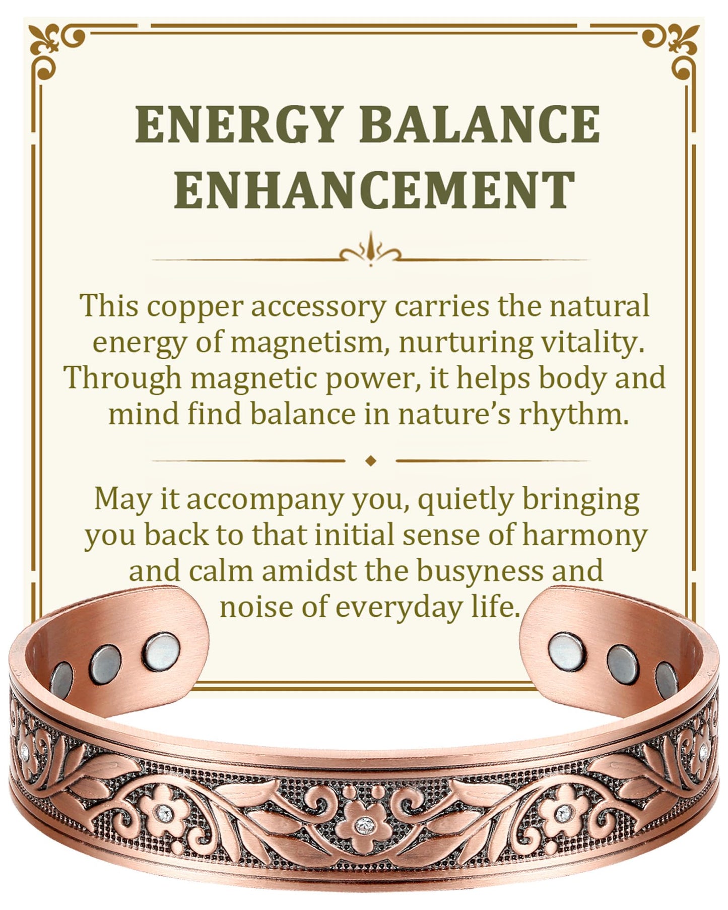 BioMag Magnetic Copper Bracelet for Women Men, 99.99% Pure Copper Cuff Bangle with 6 Pcs 3500 Gauss Magnets, Adjustable Size, Floral Vine Pattern