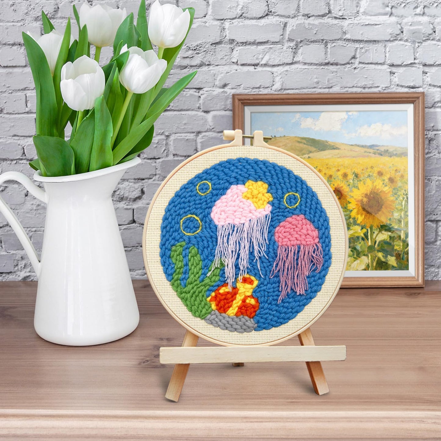 ERKOON Punch Needle Kit Adults Beginners, DIY Easy Ocean Embroidery Set for Starter Art Craft, Needling Punch Project with Patterns, Tools, Yarns, Hoop, Instruction (Jellyfish)