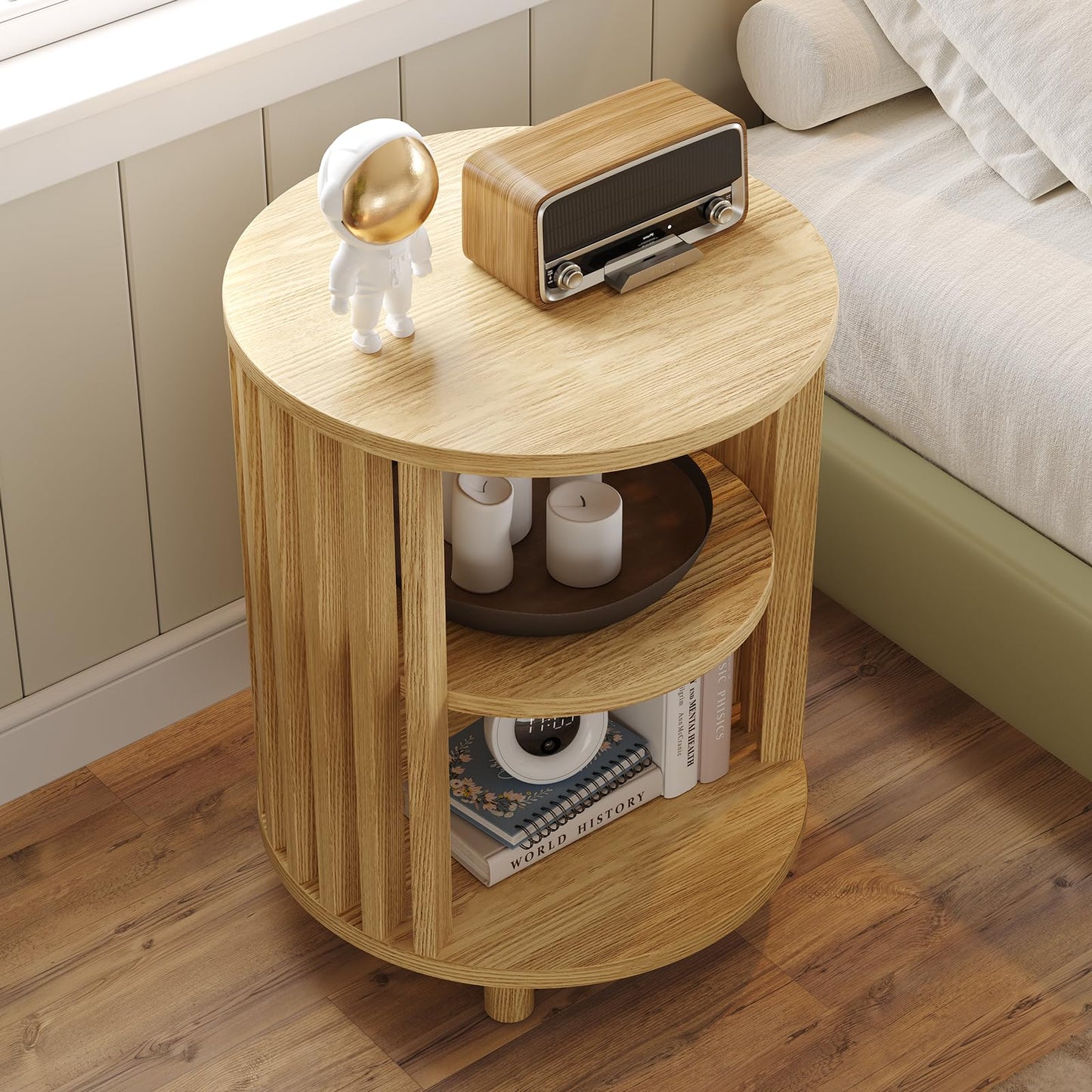 Round End Table, Wood Side Tables, Mid Century Modern Nightstand with 2 Tier Storage, Small Circle Bedside Table for Small Spaces, Living Room, Curved Profile Design, 19.7" Tall, Oak (1-Pack)