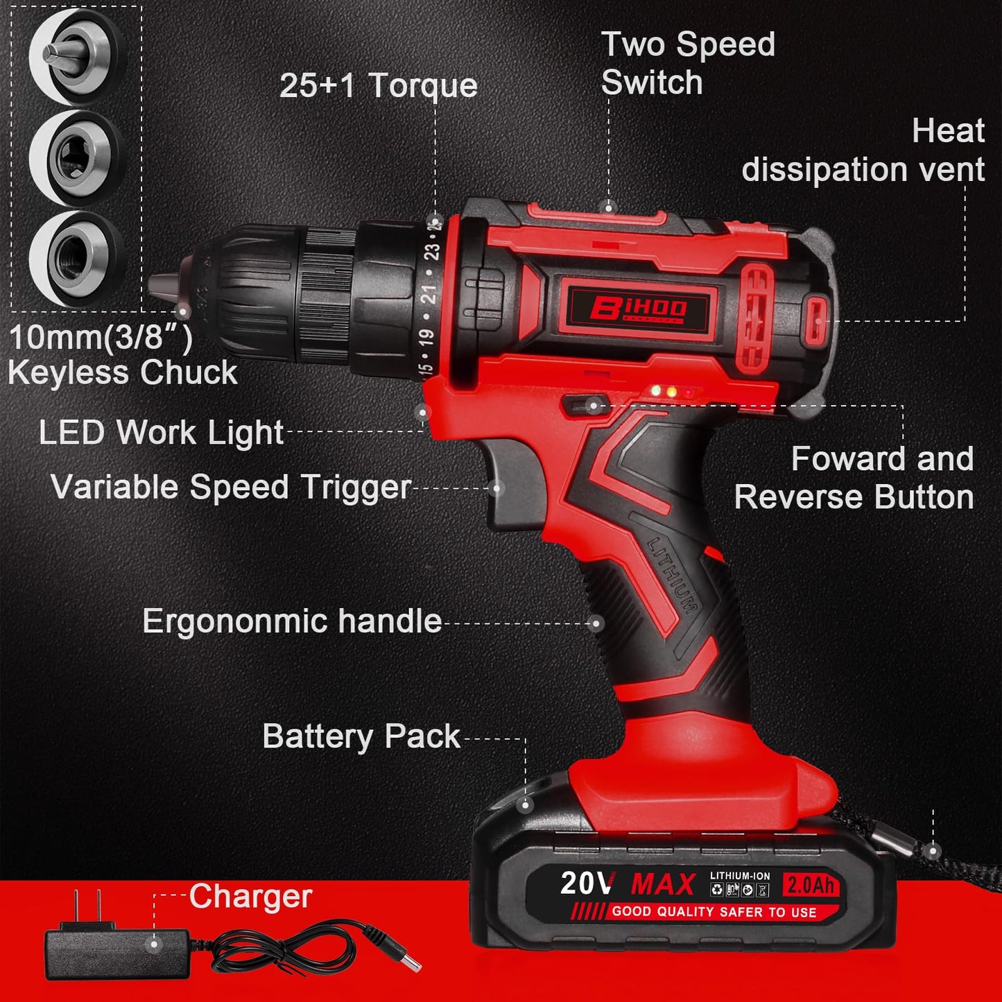 BIHOO Cordless Drill Set,20V Drill Driver with Battery and Charger,3/8-Inch Keyless Chuck, Variable Speed,with Drills Bits Set,Red
