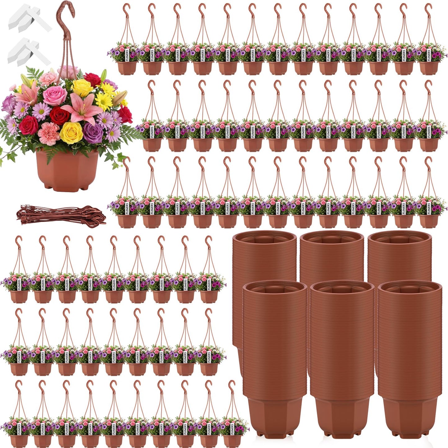 Romooa 200 Pack 5.1 Inch Plastic Hanging Pots Bulk Nursery Hanging Planters with Hooks and Drainage Small Grower Pots for Indoor Outdoor Plants, Garden, Includes 200 Labels(Brown)