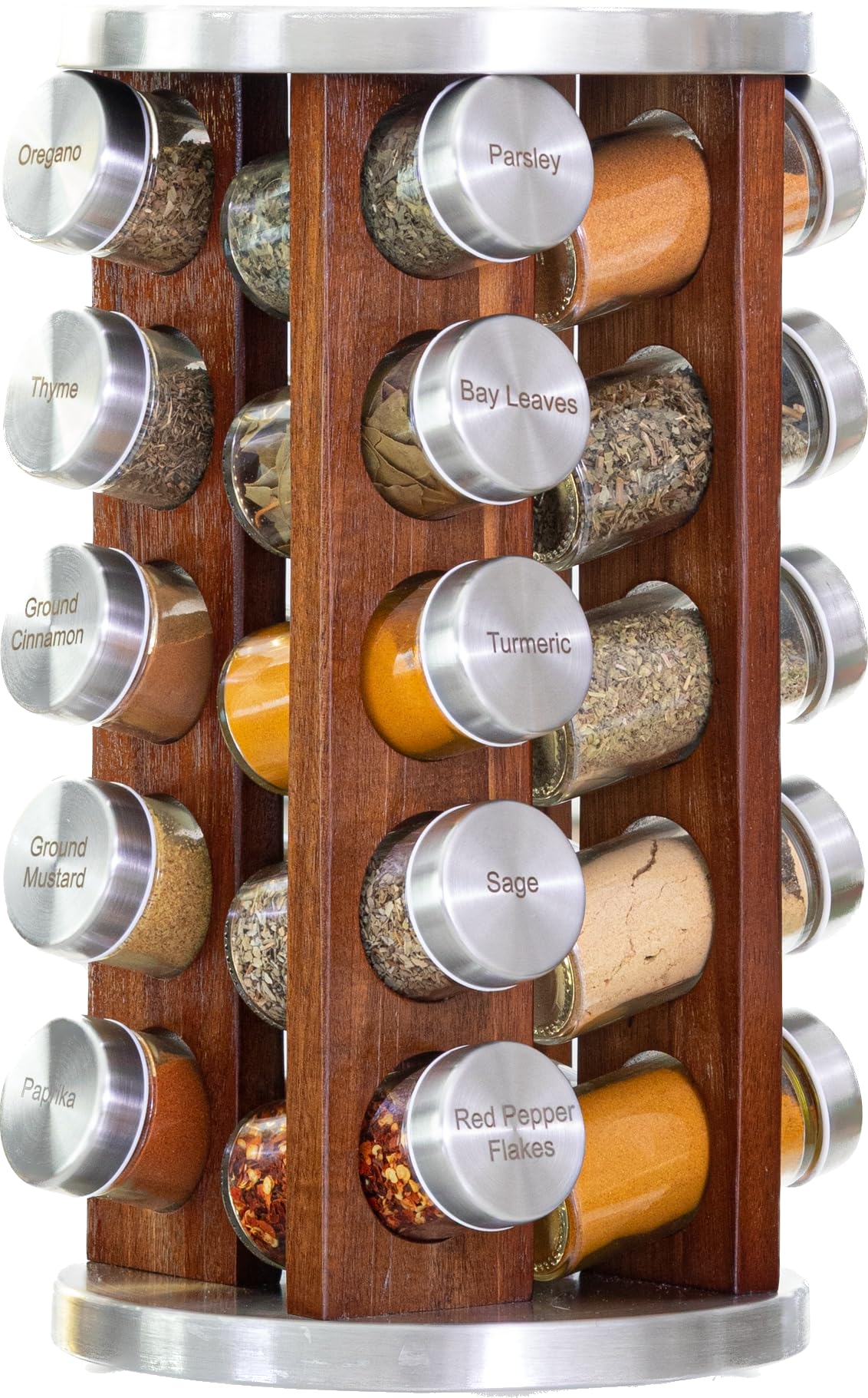 Orii 20 Jar Rotating Dark Acacia Wood Spice Rack with Spices Included & 5-Year Spice Refill Program – Rustic Wood Countertop Spice Rack with Glass Jars
