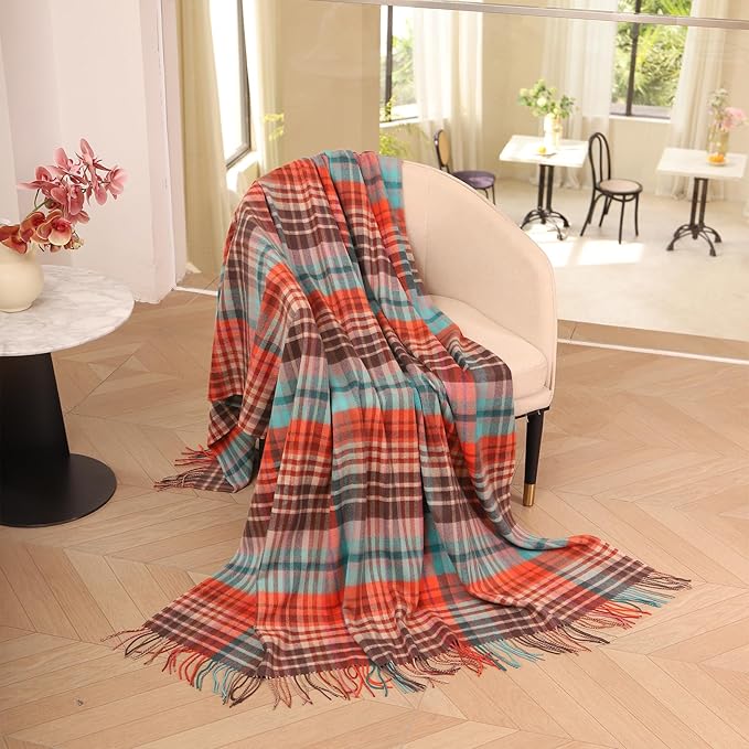 Throw Blanket Plaid with Carry Bag | Soft Wool Travel Blanket 55"x83" 1.5lbs | Fine Red and Blue Stripes Decorative Throw for Couch, Camping & Gift
