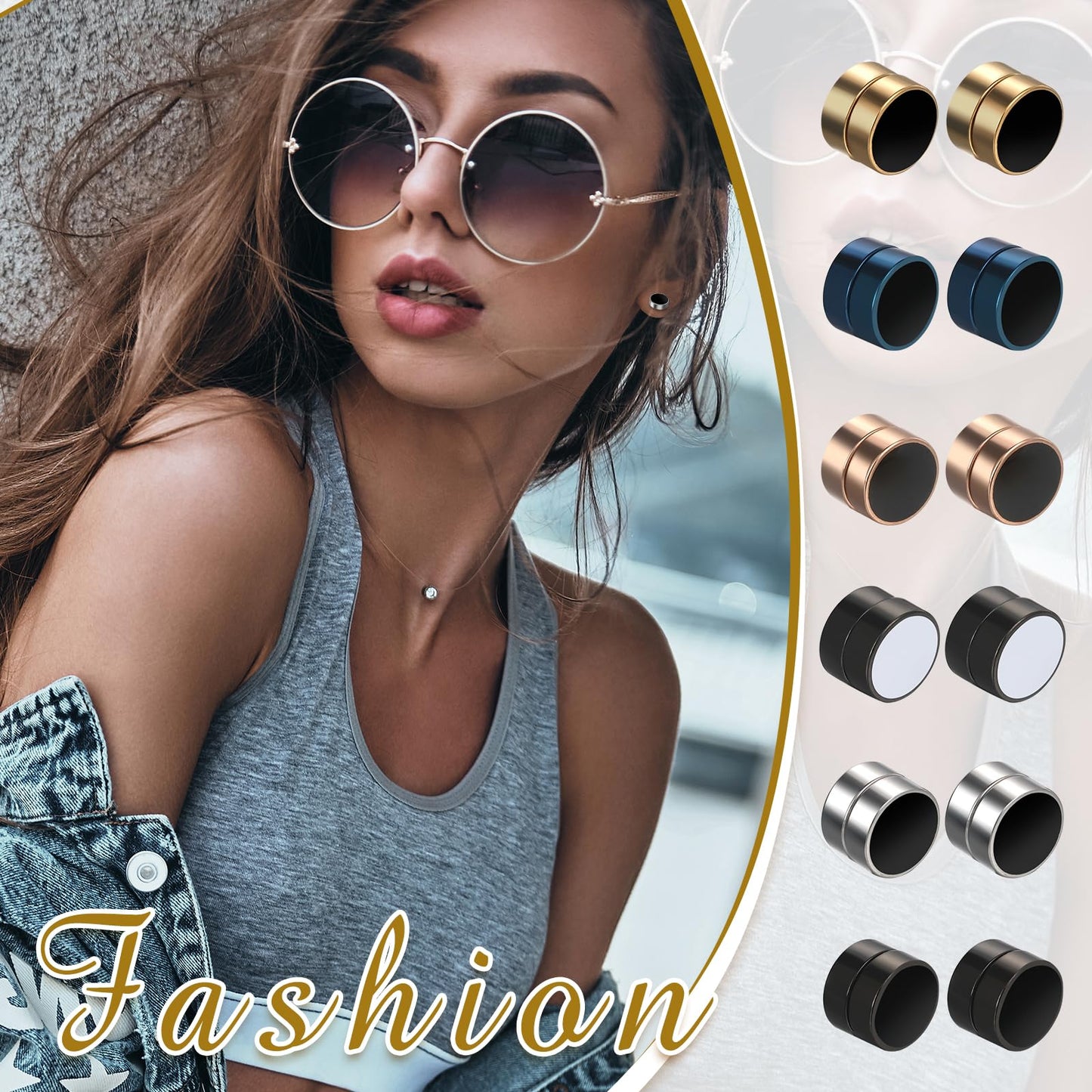 Punk 8mm Magnetic Stud Earrings: 6Paris Stainless Steel Black Blue Non-piercing Clip On Fake Cheater Stud Earrings for Men Women