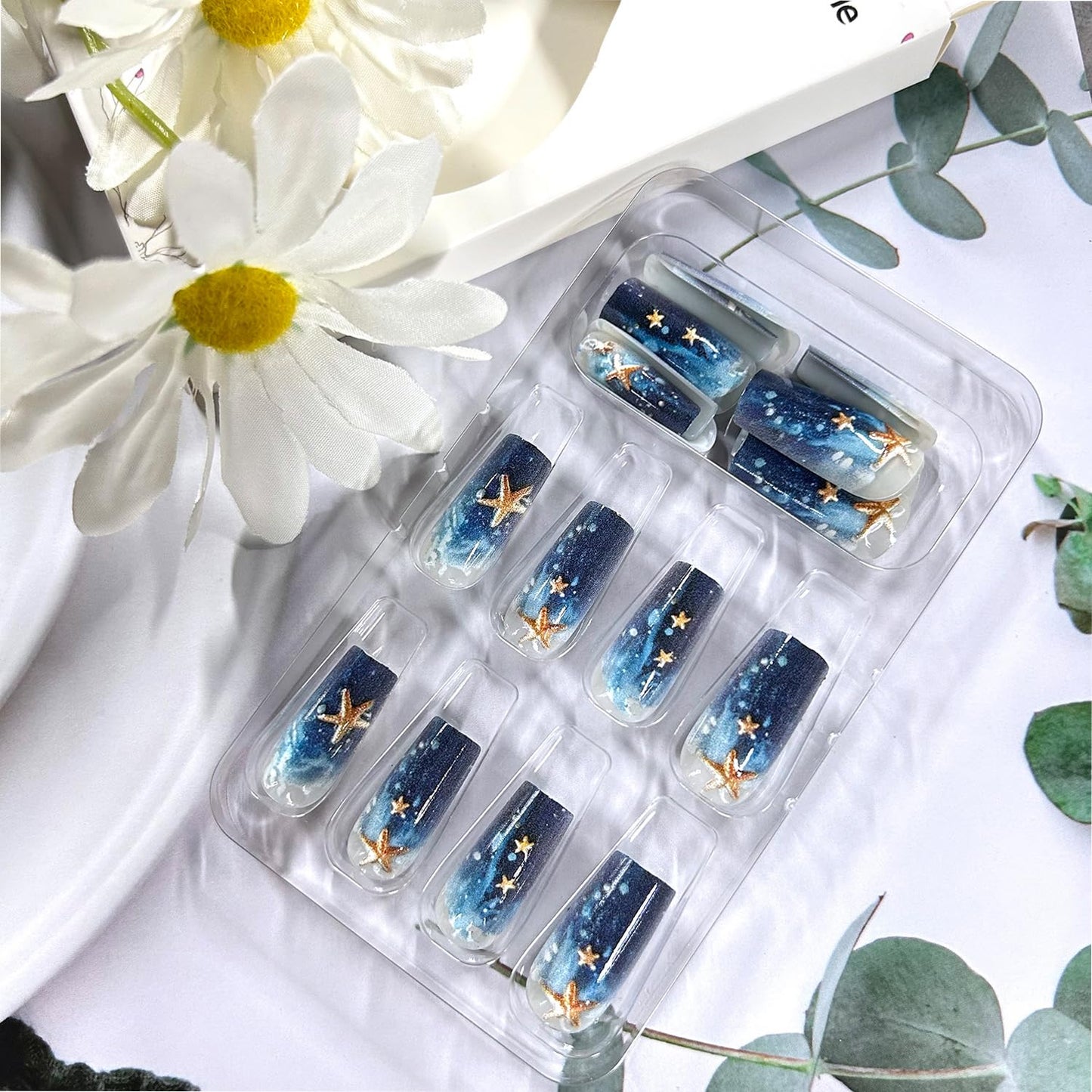 Dark Blue Gradient Press on Nails Medium Square Artificial Acrylic Nails Embossed 3D Gold Starfish Design Glossy Stick on Full Cover Reusable Coffin Artificial Fingernails Glue on Nail for Women 24Pcs