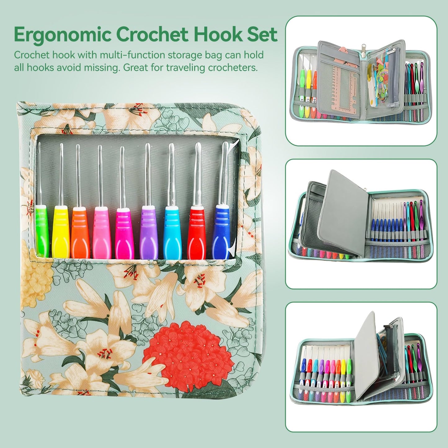 Dasonwin 60-Piece Ergonomic Crochet Hooks Set with Travel Case - Aluminum Crochet Needles Kit for Beginners & Experts, Arthritis-Friendly Design,Includes Stitch Markers & Accessories(Green)
