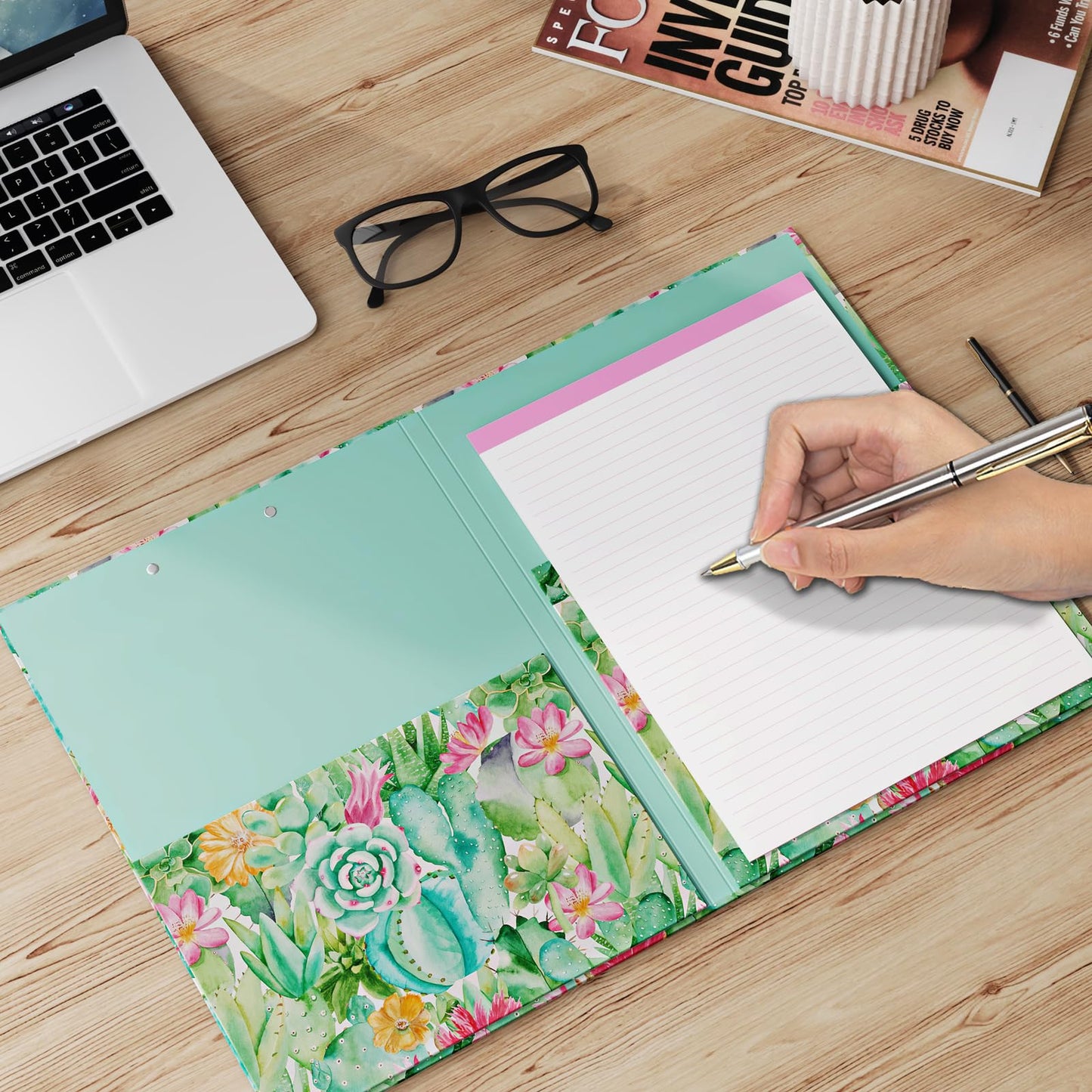 Cute Clipboard Folio with Refillable Lined Notepad and Interior Storage Pocket for Office Stylish A4 Foldable Clipfolio - Cactus Flowers