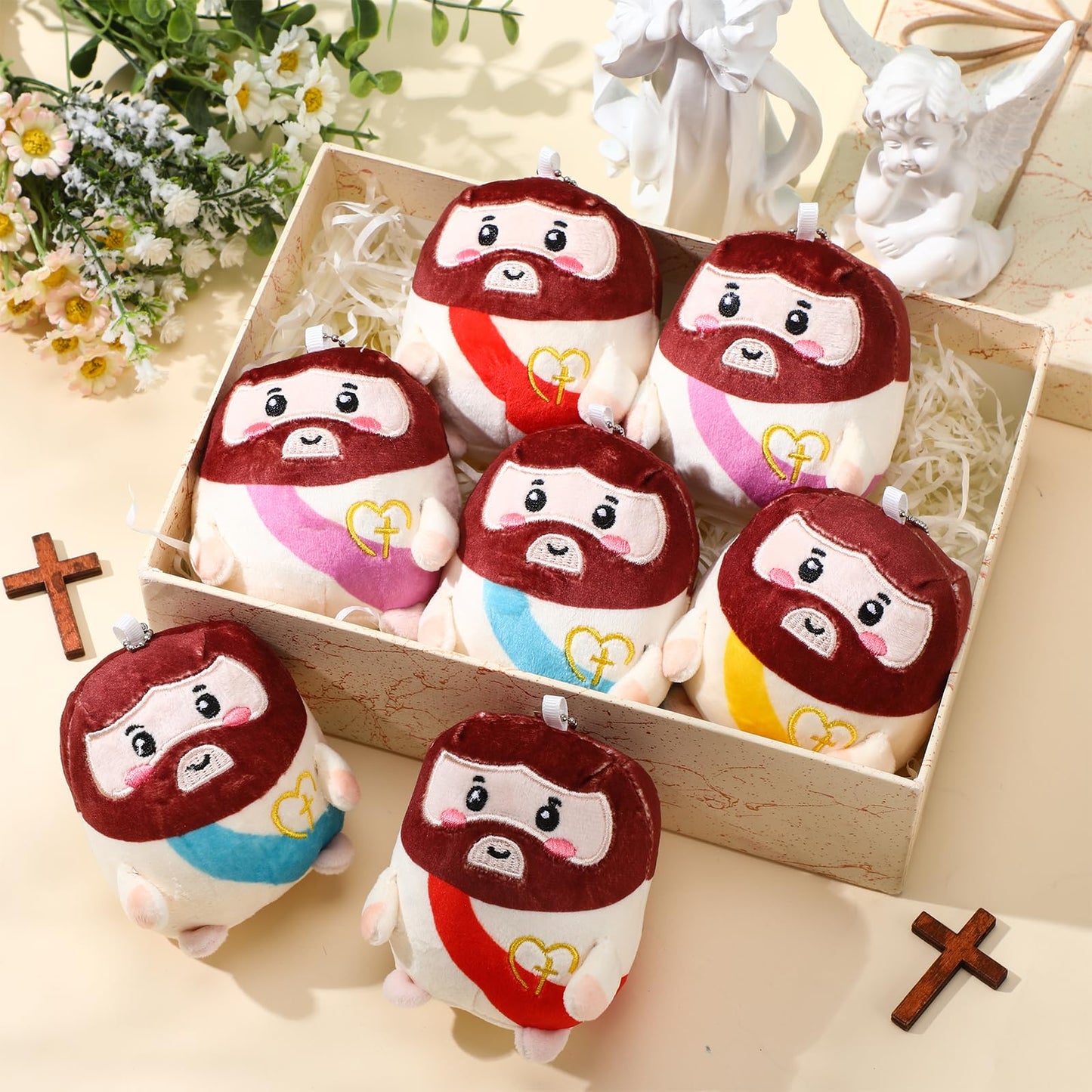 Civaner 12 Pcs Christian Jesus Plush Toys Bulk, 5" Mini Stuffed Plush Dolls with Keychain Faith Religious Gifts for Church Giveaways, Sunday School, Vbs, Baptism